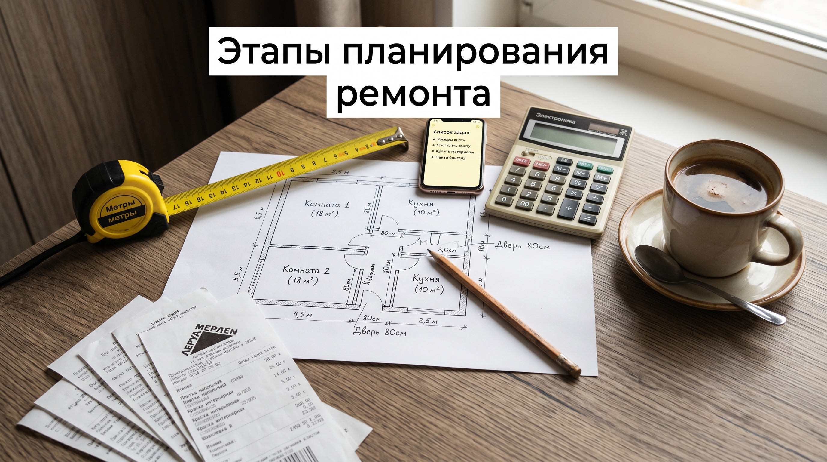 Этапы планирования ремонта — план комнаты, рулетка, калькулятор, смартфон со списком задач и чеки