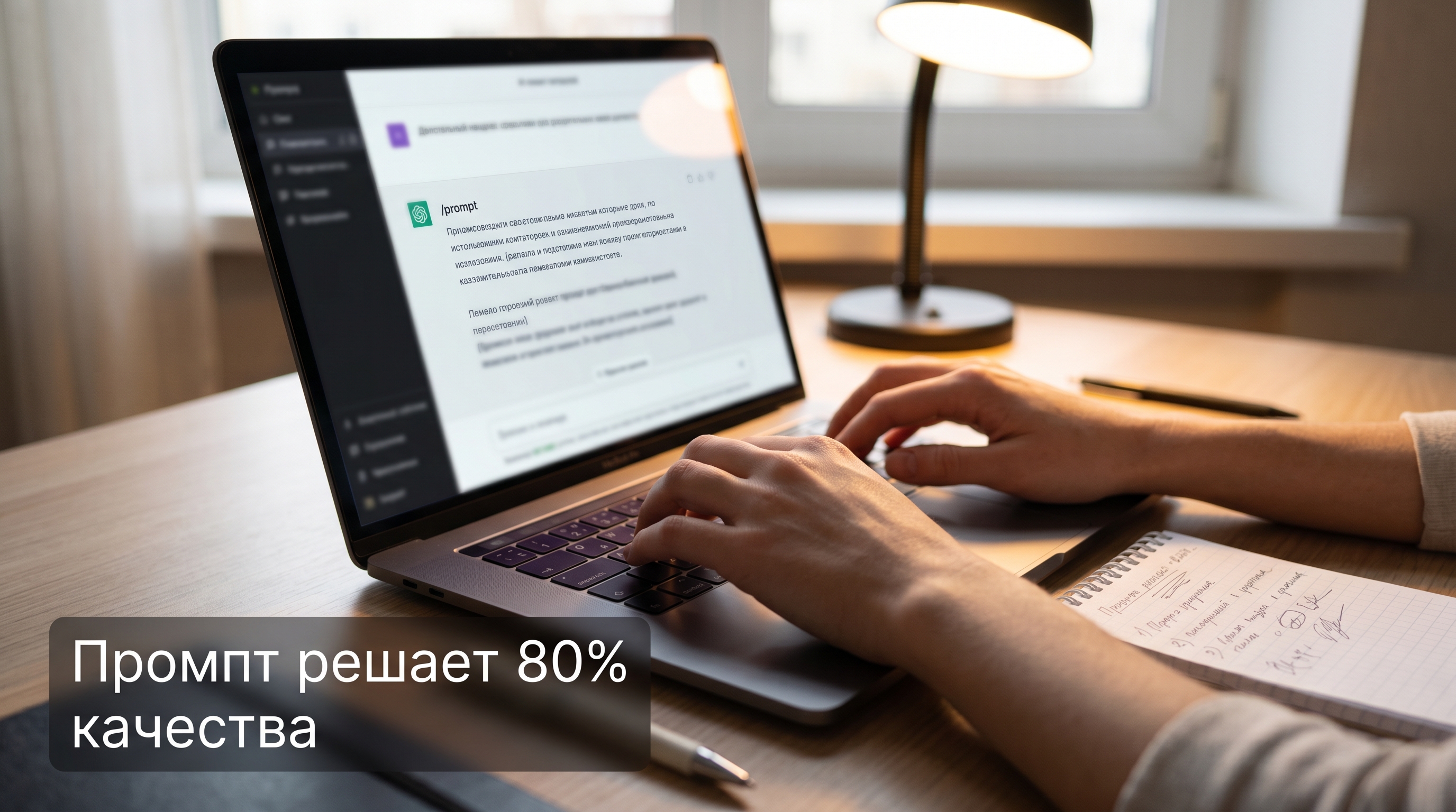 Иллюстрация работы с промптом — руки на клавиатуре ноутбука с открытым чатом нейросети, рядом блокнот с записями