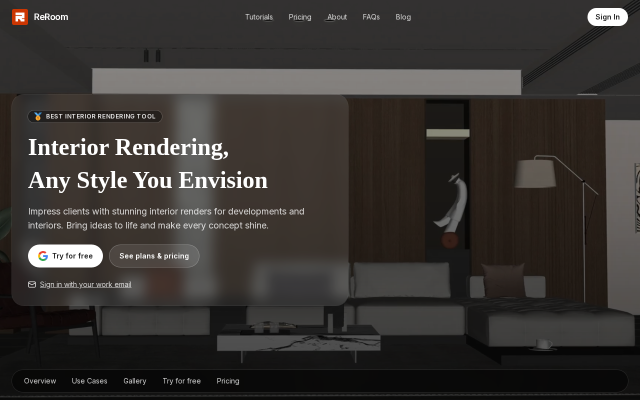 Скриншот ReRoom AI — англоязычный сервис рендеринга интерьера и экстерьера