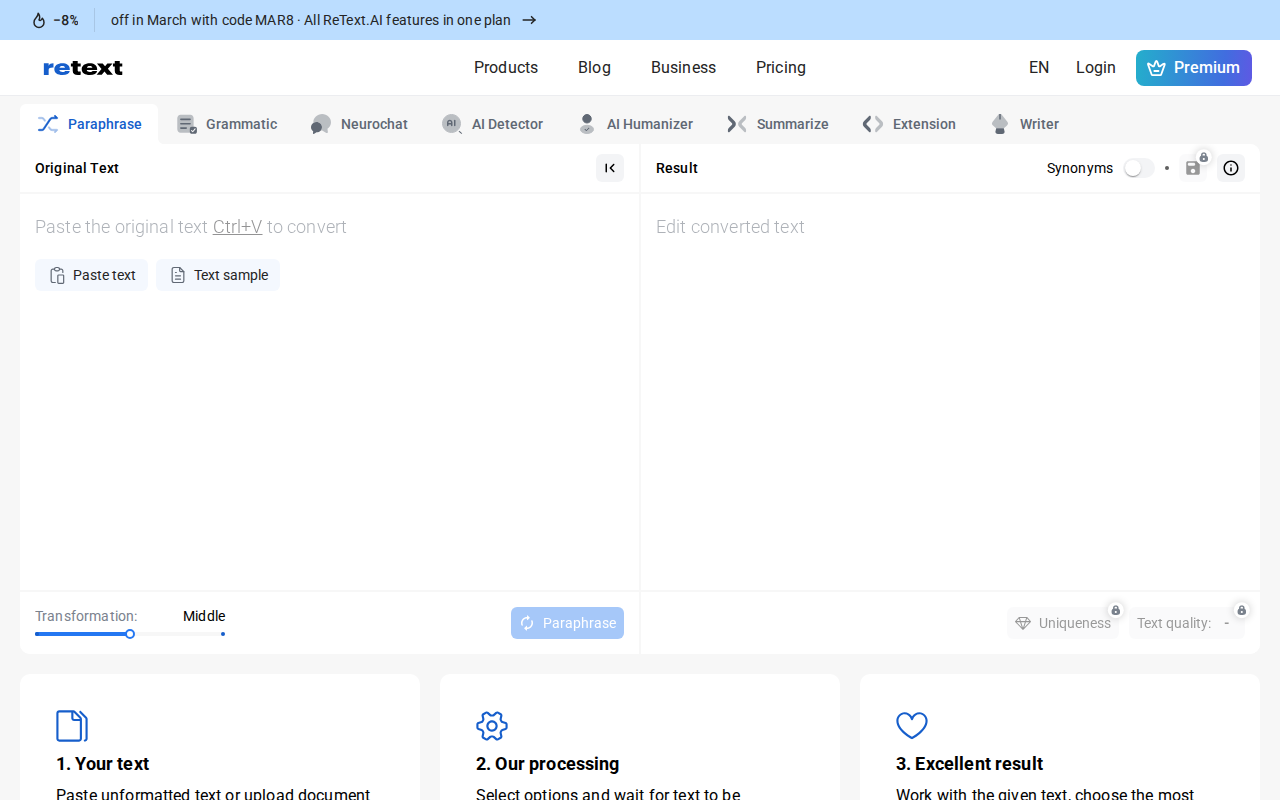 Скриншот интерфейса Retext.AI — сервис перефразирования текста онлайн