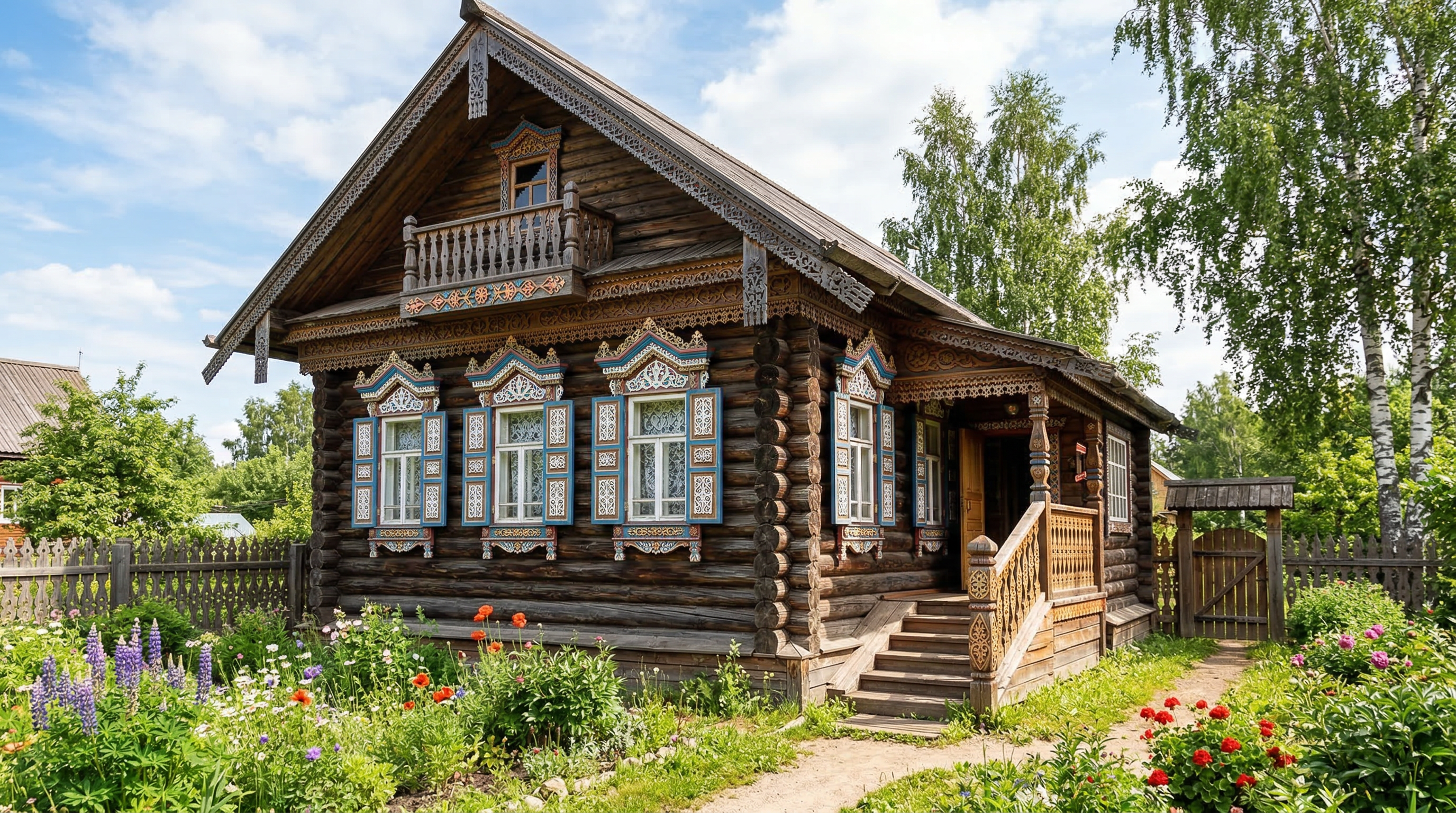 Резные деревянные наличники на окнах деревянного дома — традиционный русский стиль с орнаментами