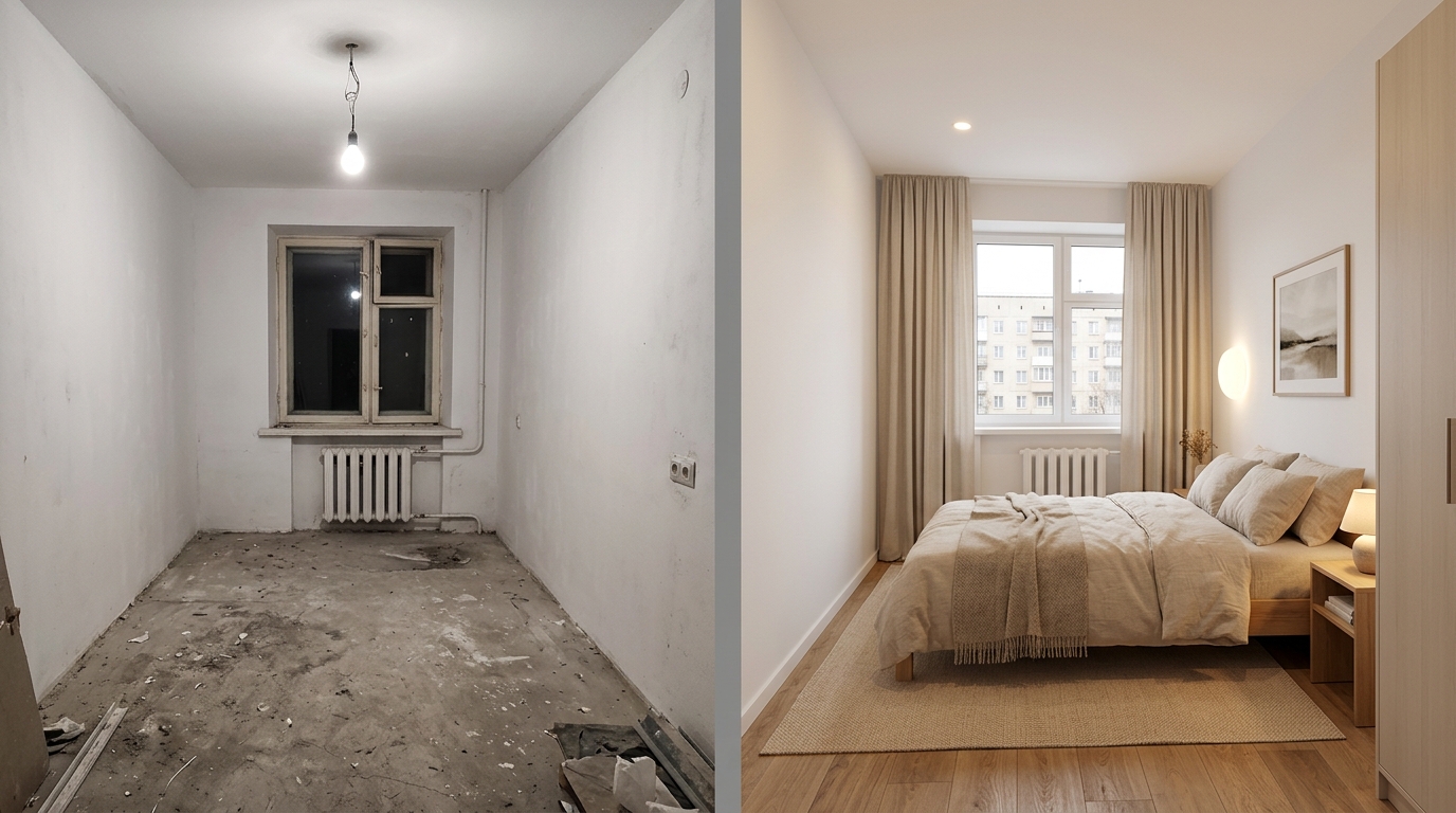 Спальня до и после визуализации в RoomGPT