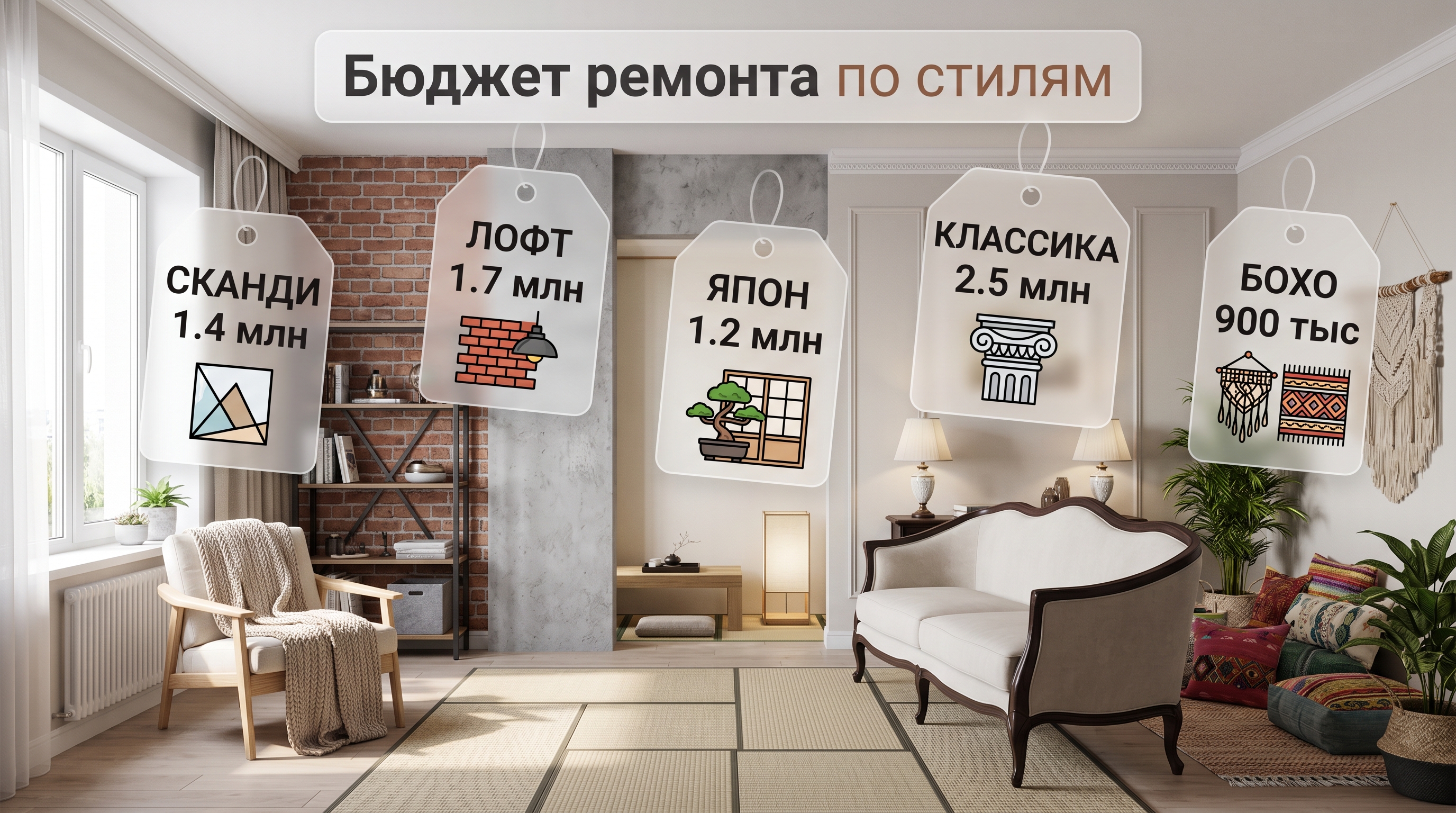 Бюджет ремонта по 5 стилям интерьера на однушке 50 м²