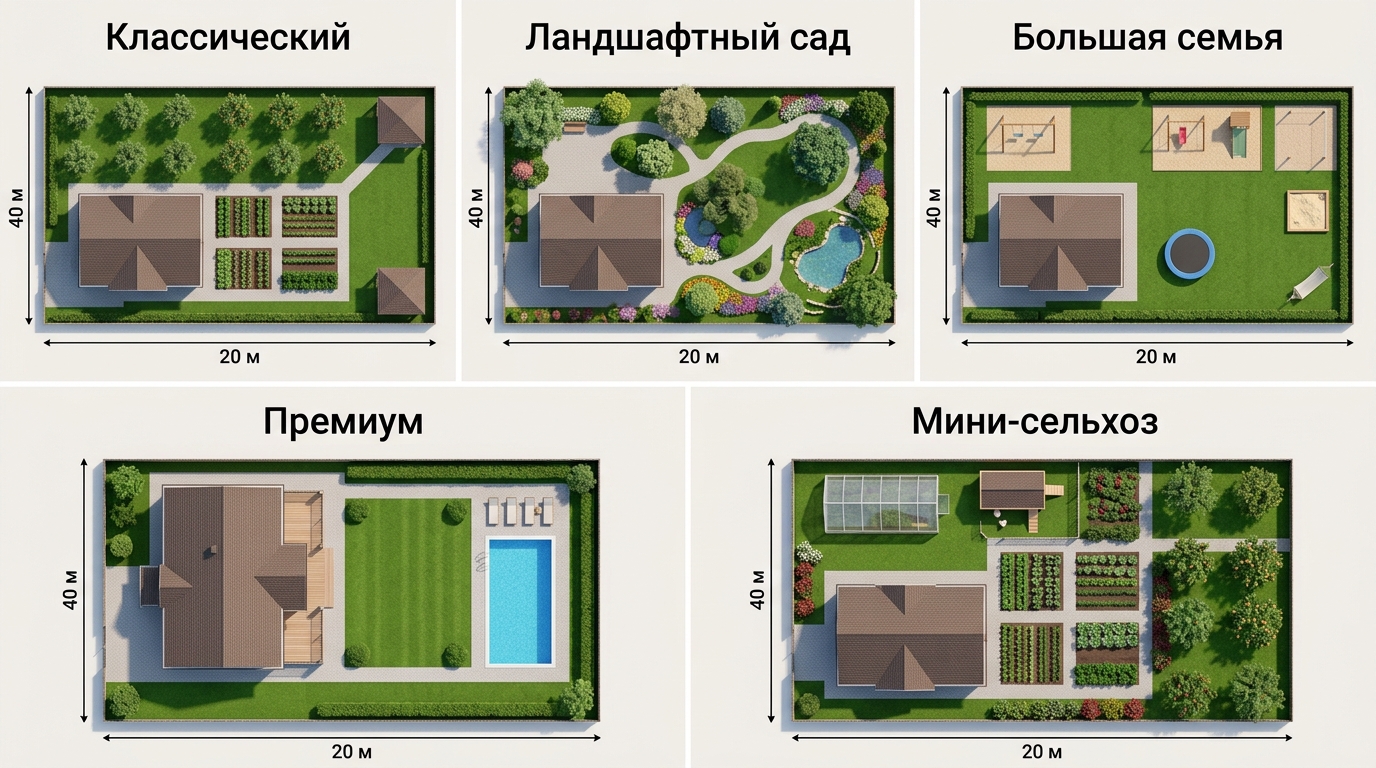 Пять планировок одного и того же участка 8 соток вид сверху