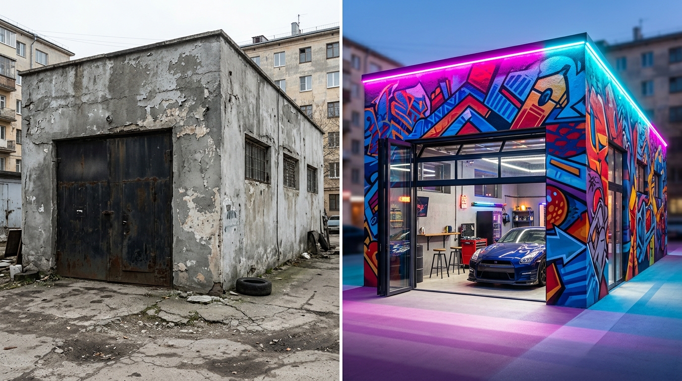 До и после: советская коробка превратилась в тюнинг-ателье с граффити и неоном