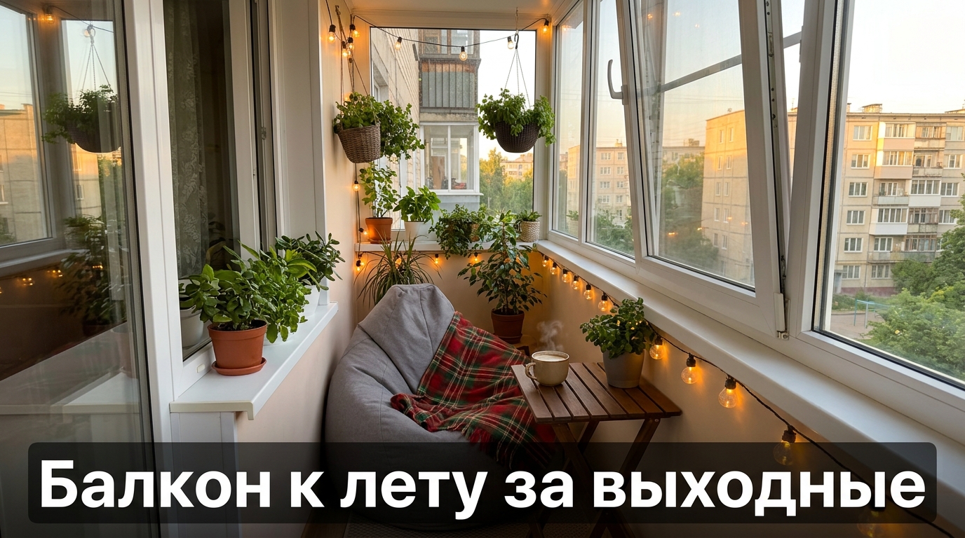 Балкон к лету за выходные — превращение кладовки в зону отдыха
