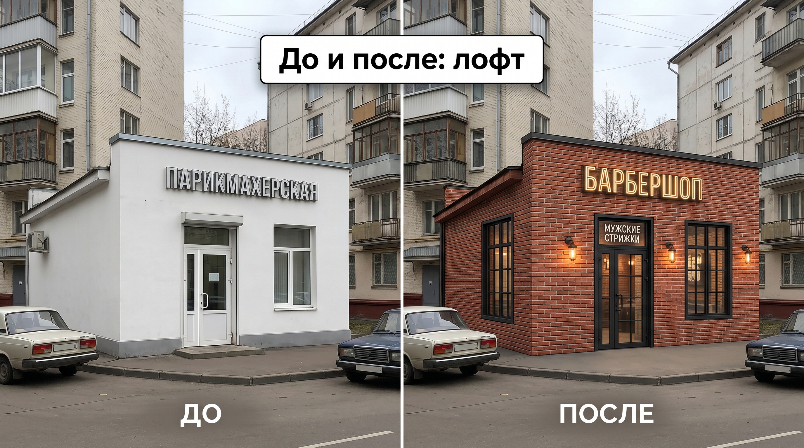 Лофт-фасад барбершопа: до и после
