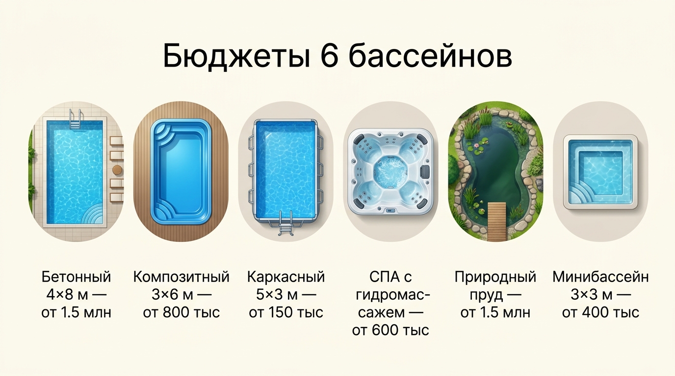 Сравнение бюджетов 6 типов бассейнов