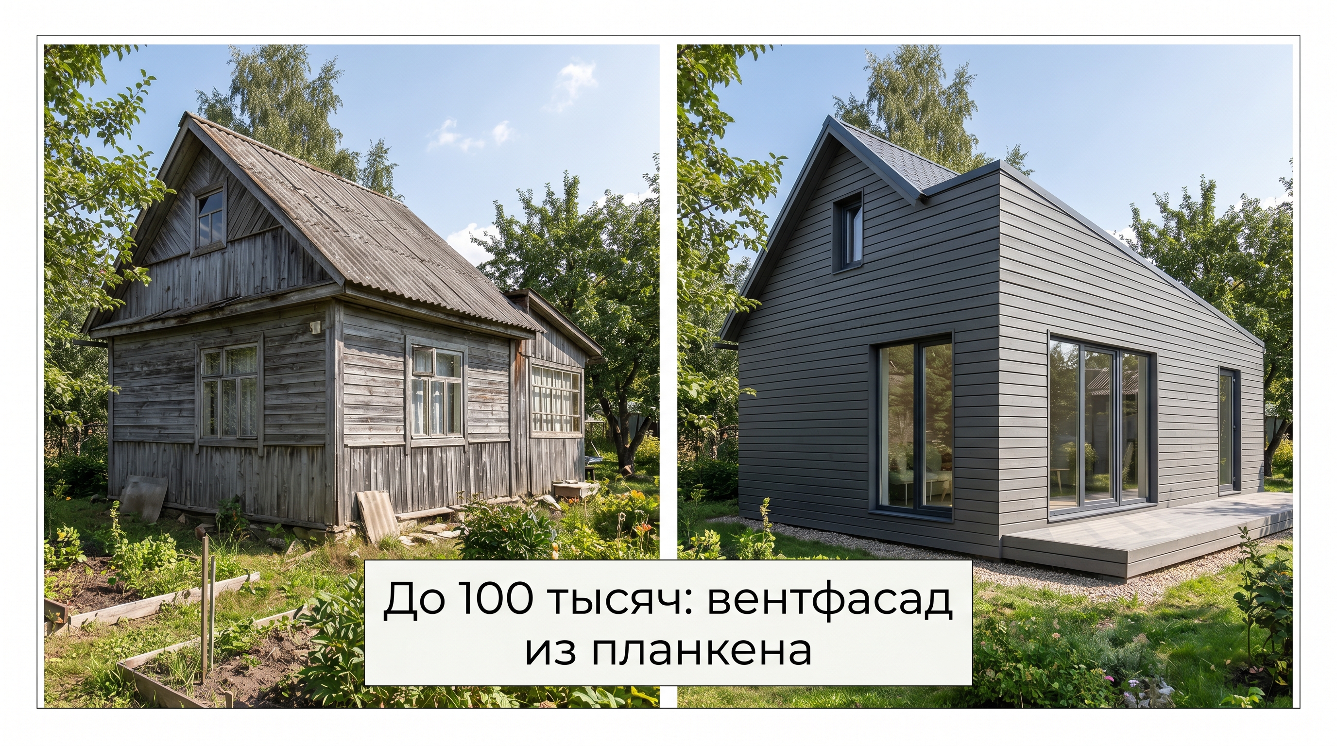 До и после: серая дача превратилась в современный дом с тёмно-серым вентфасадом из планкена