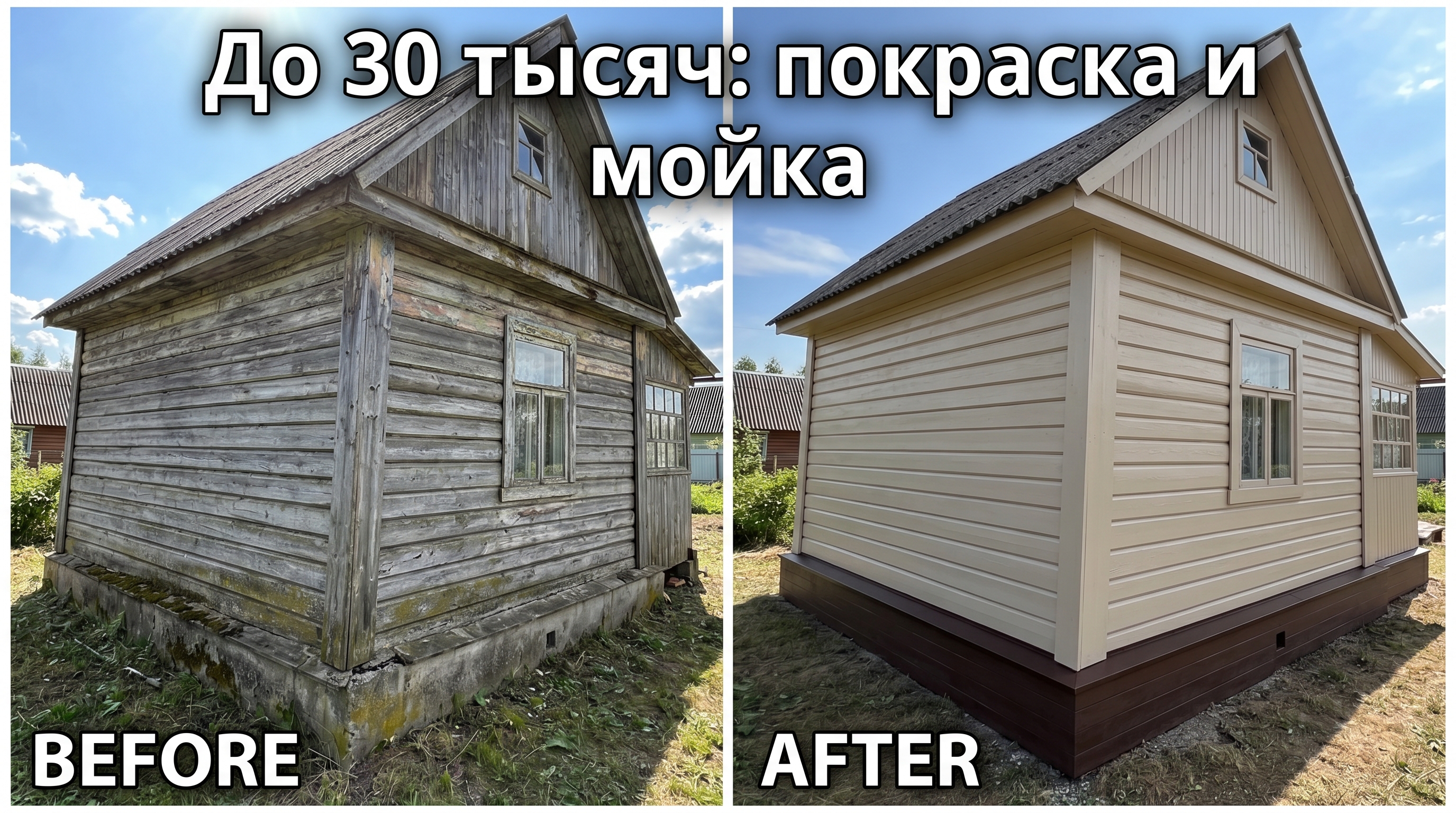 До и после: серая дача из бруса покрашена бежевой краской, цоколь подкрашен в коричневый