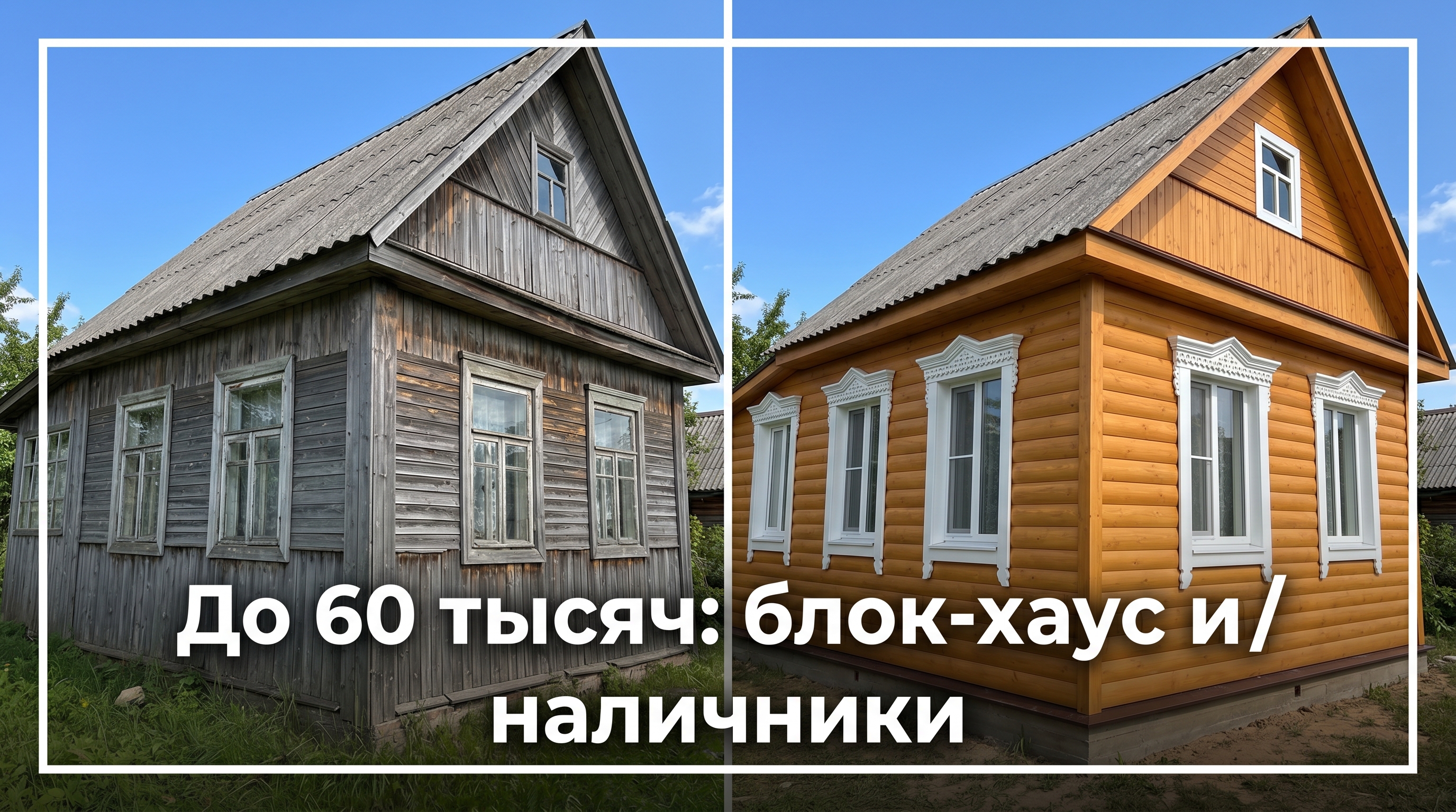 До и после: серая дача обшита блок-хаусом медового цвета с белыми резными наличниками