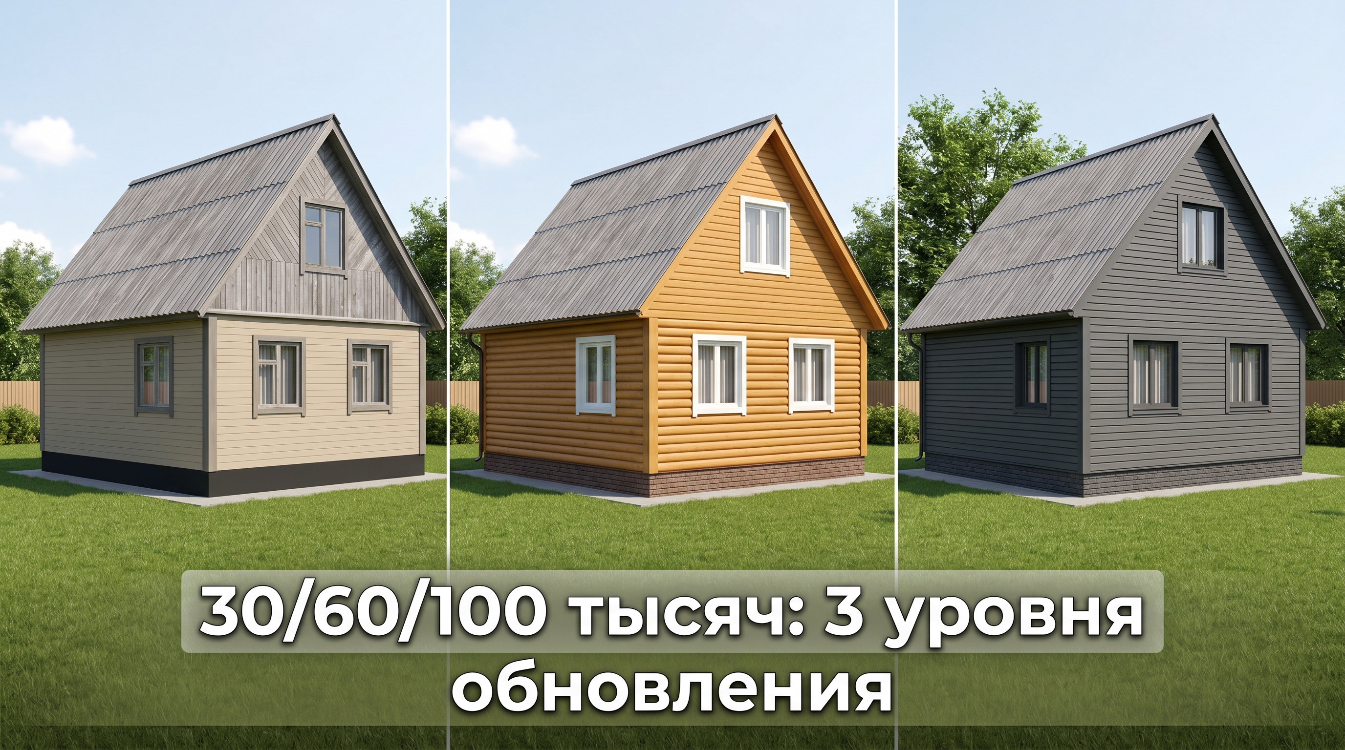 Три уровня обновления старой дачи: покраска, блок-хаус, планкен — наглядное сравнение