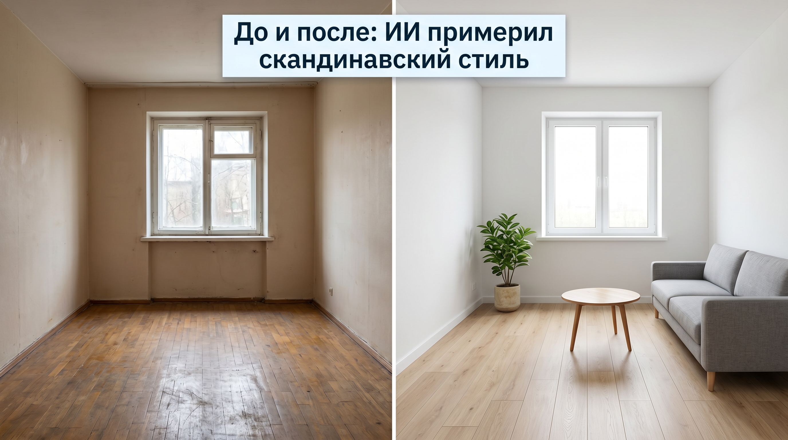 До и после: пустая гостиная и та же комната в скандинавском стиле от ИИ