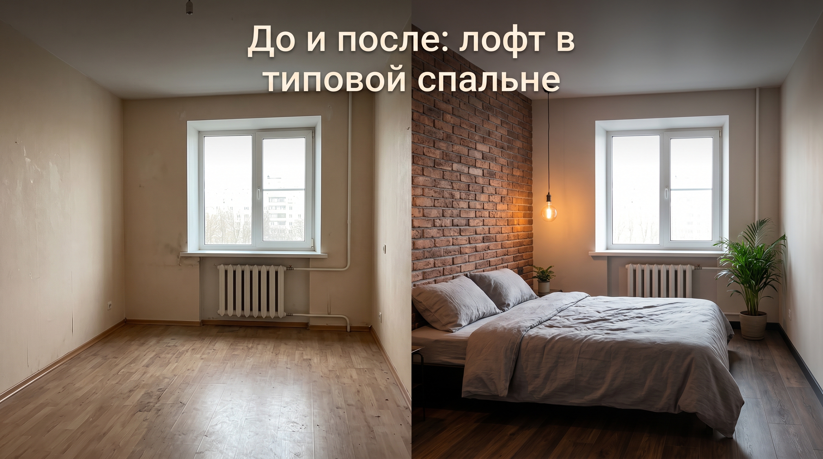 До и после: типовая спальня и она же в стиле лофт