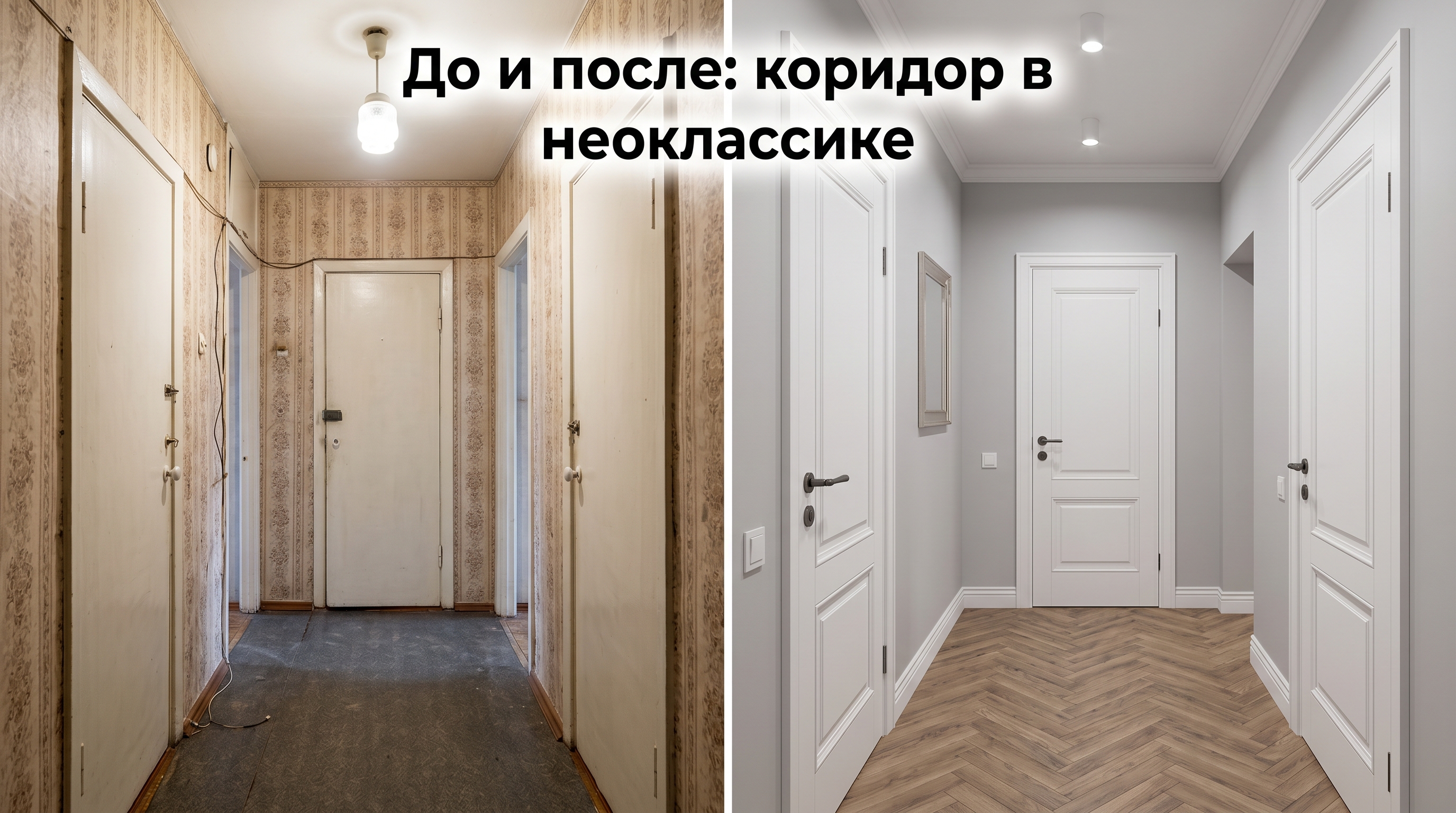 До и после: коридор хрущёвки и он же в неоклассике