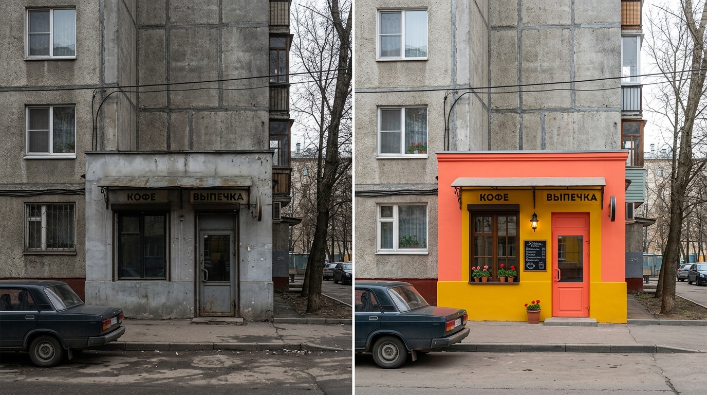 До и после: серая кофейня и она же в коралловом цвете