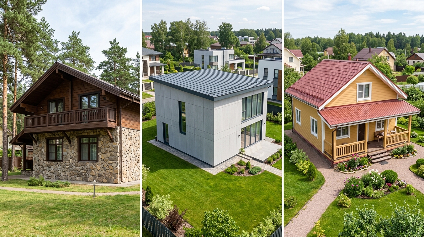 Три проекта каркасных домов 100 м²: шале, минимализм, кантри