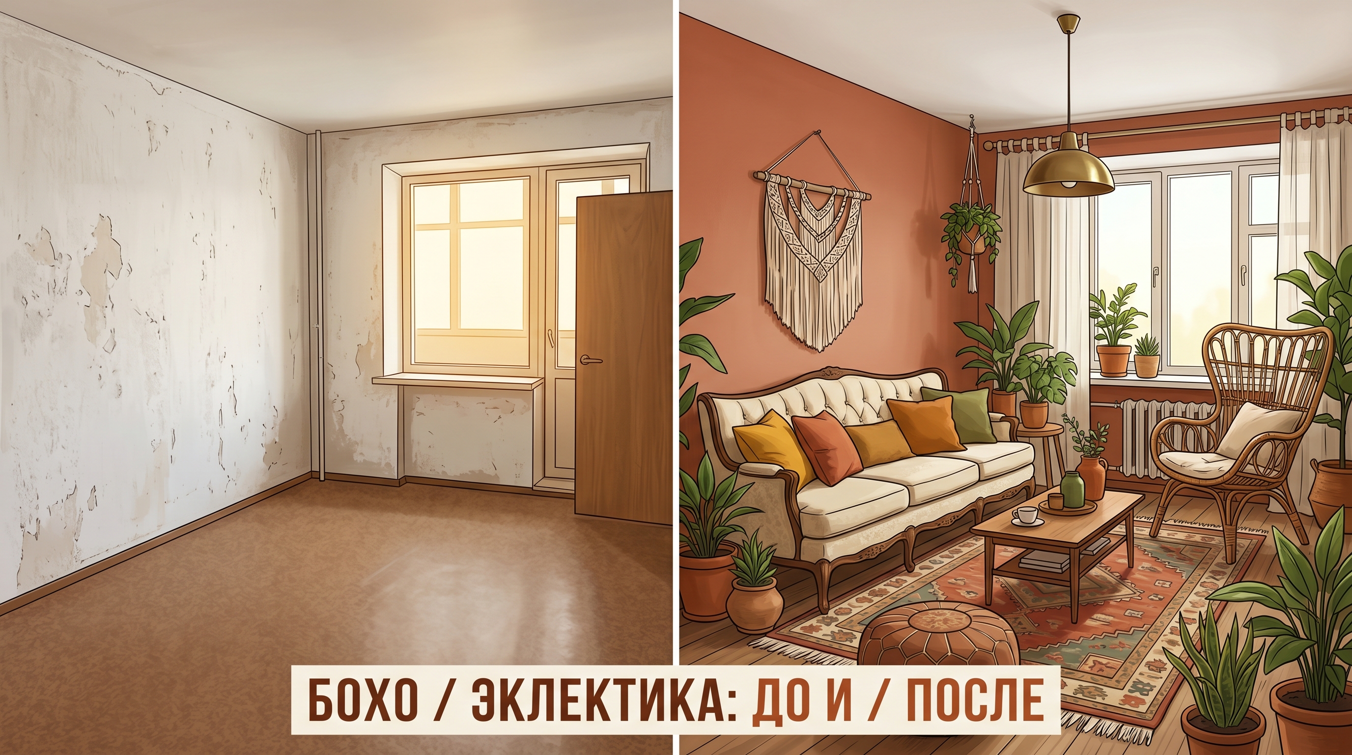 Гостиная в стиле бохо: до и после