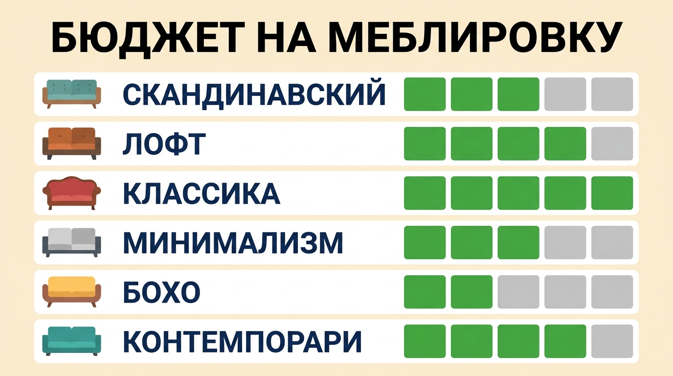 Бюджет на меблировку гостиной по 6 стилям