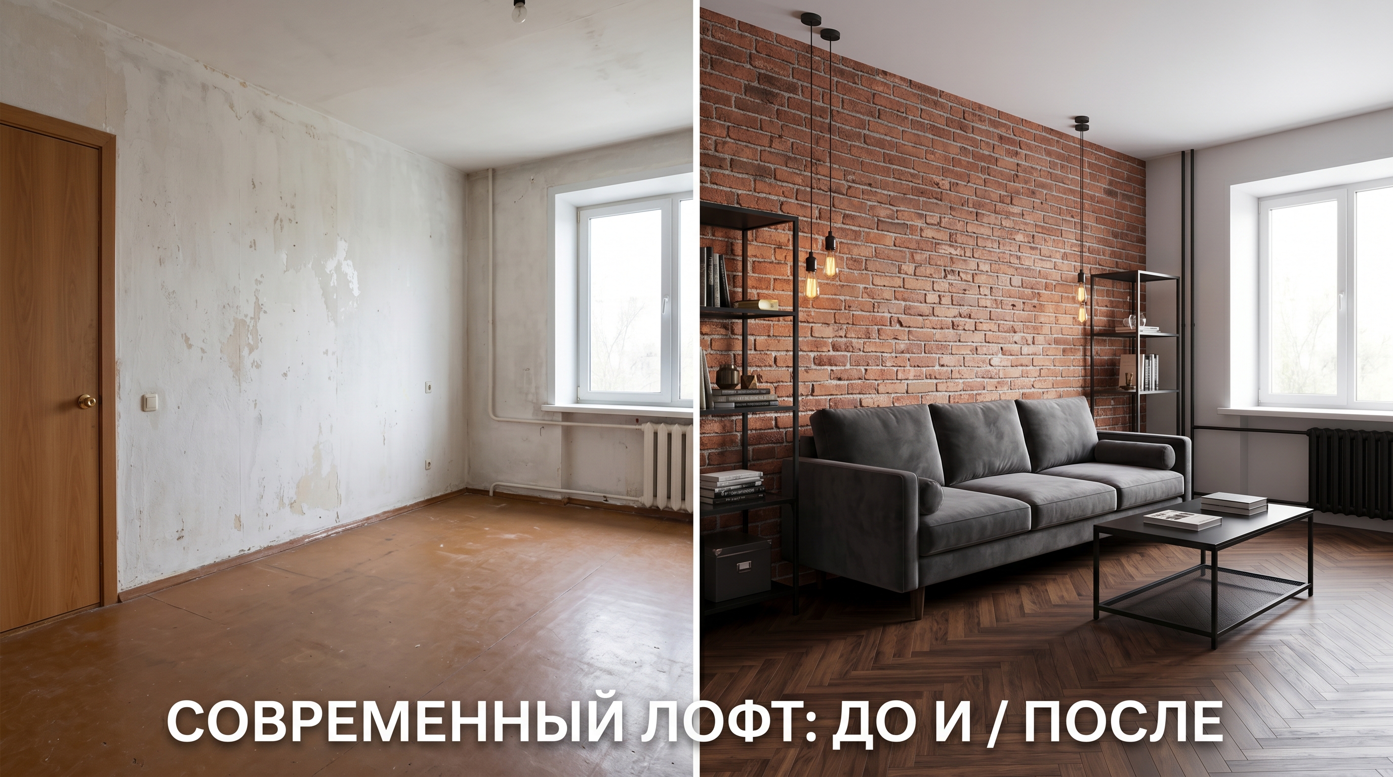 Гостиная в стиле лофт: до и после