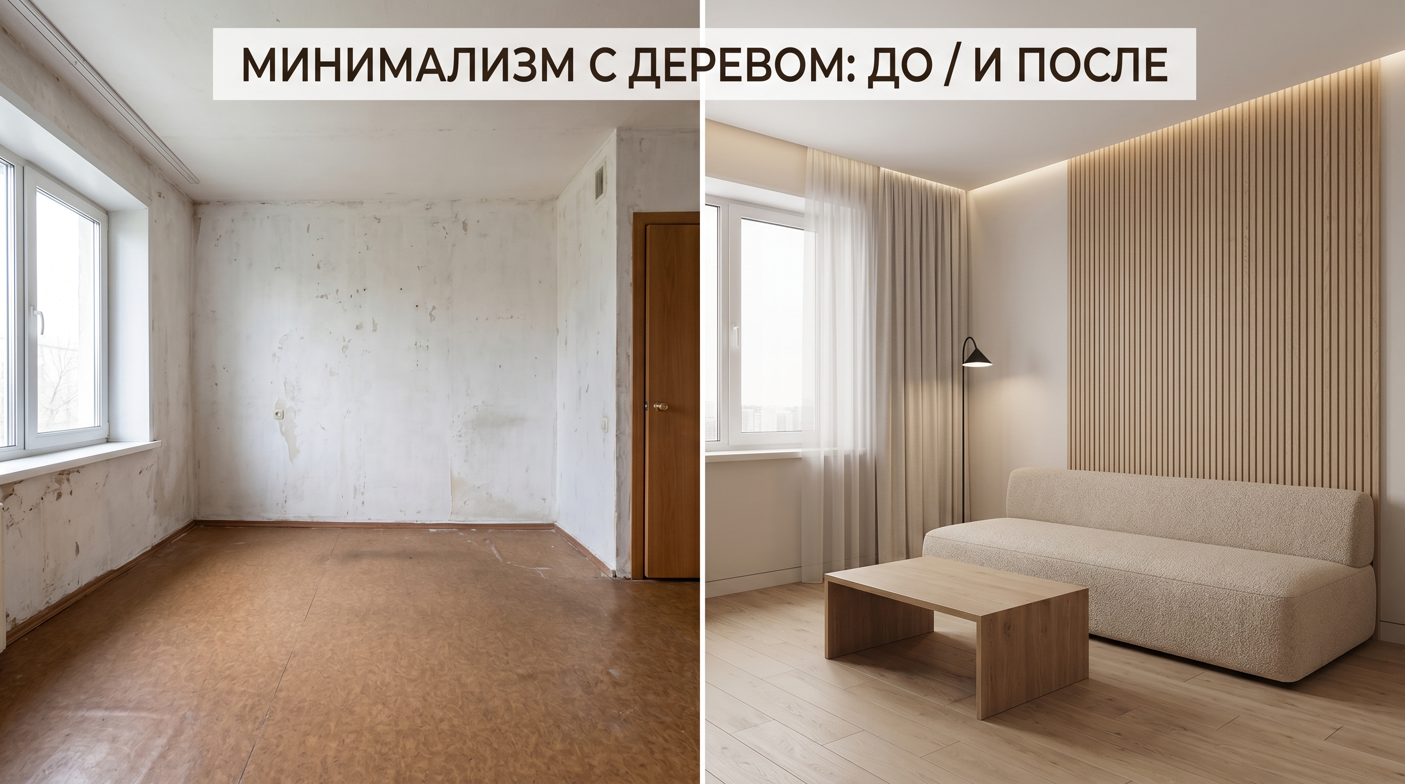 Гостиная в стиле минимализм с деревом: до и после