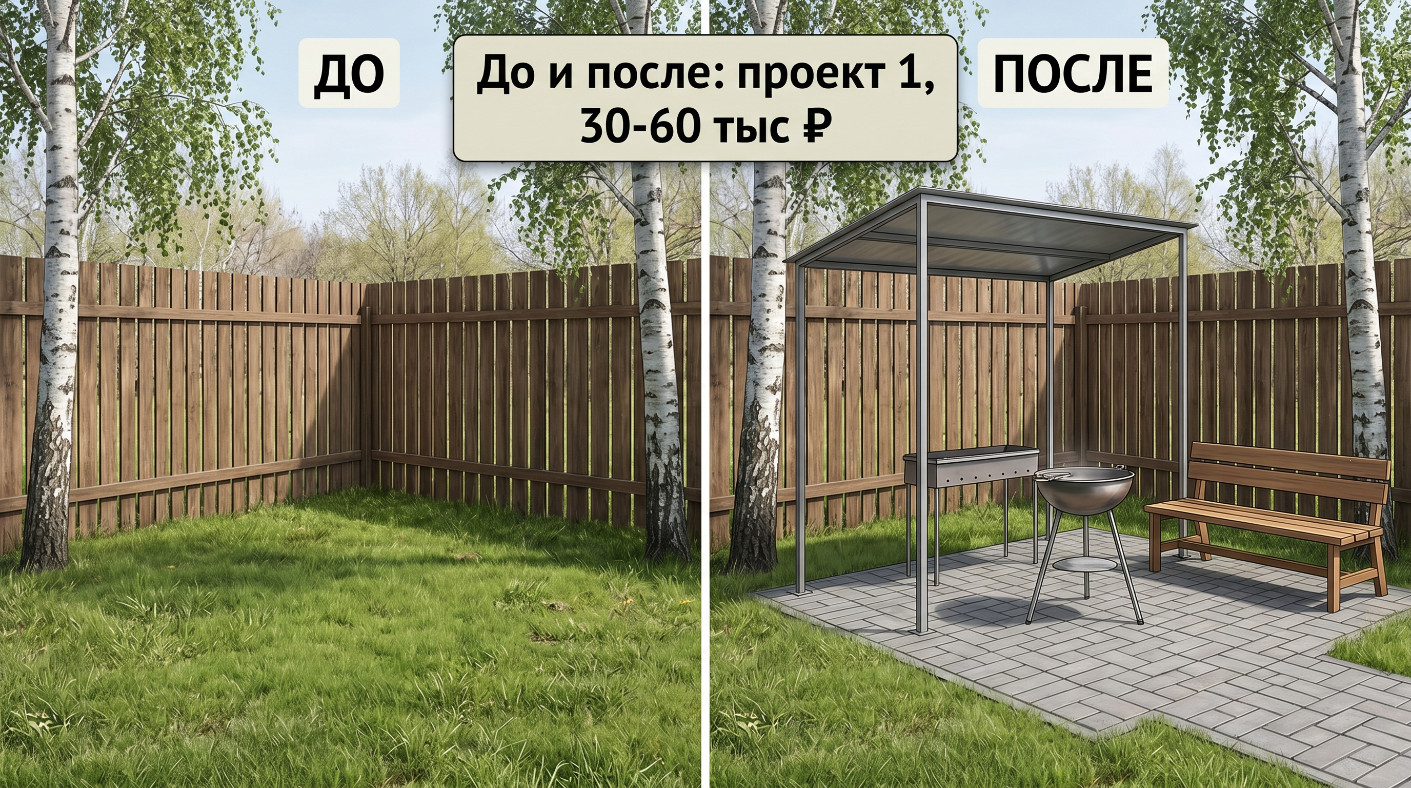 До и после: простая площадка с мангалом-чашей, 30-60 тыс ₽