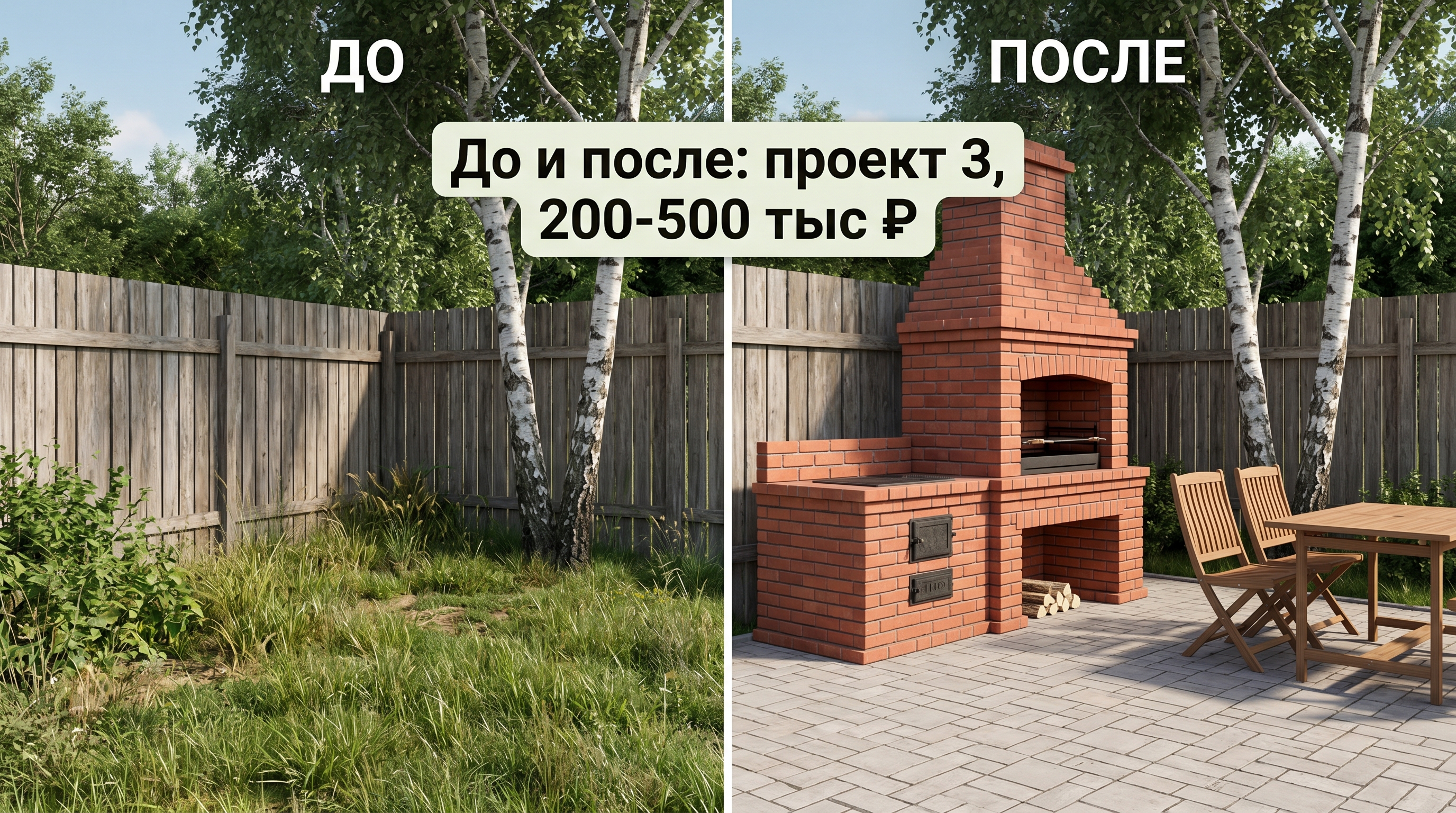 До и после: печь-барбекю из кирпича с патио, 200-500 тыс ₽