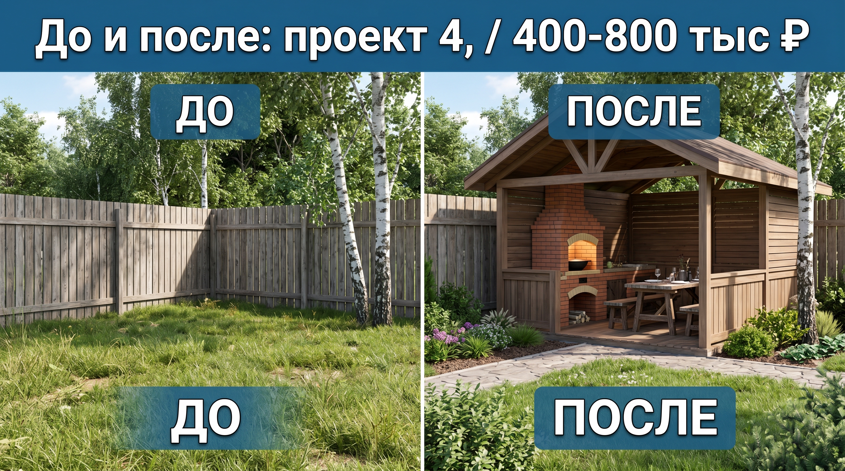 До и после: закрытая беседка с мангалом и казаном, 400-800 тыс ₽