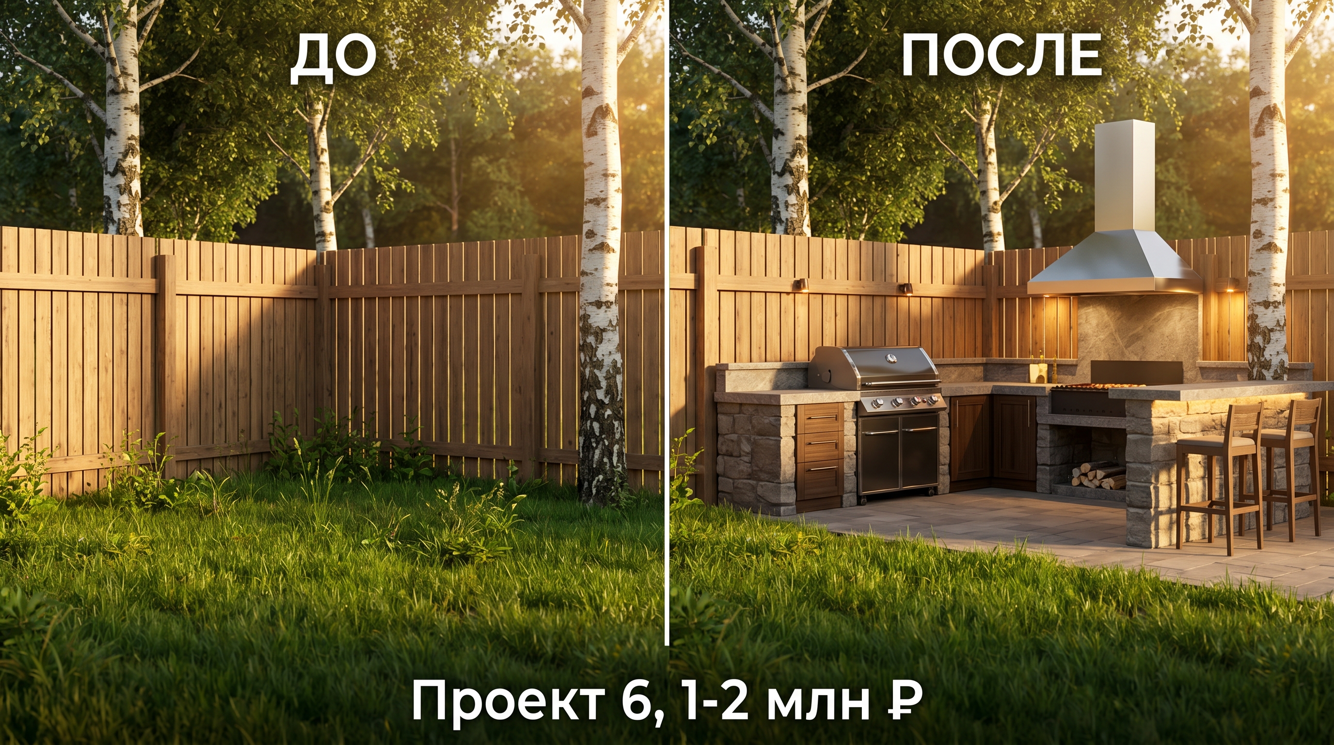 До и после: уличная кухня премиум с плитой, мангалом и вытяжкой, 1-2 млн ₽