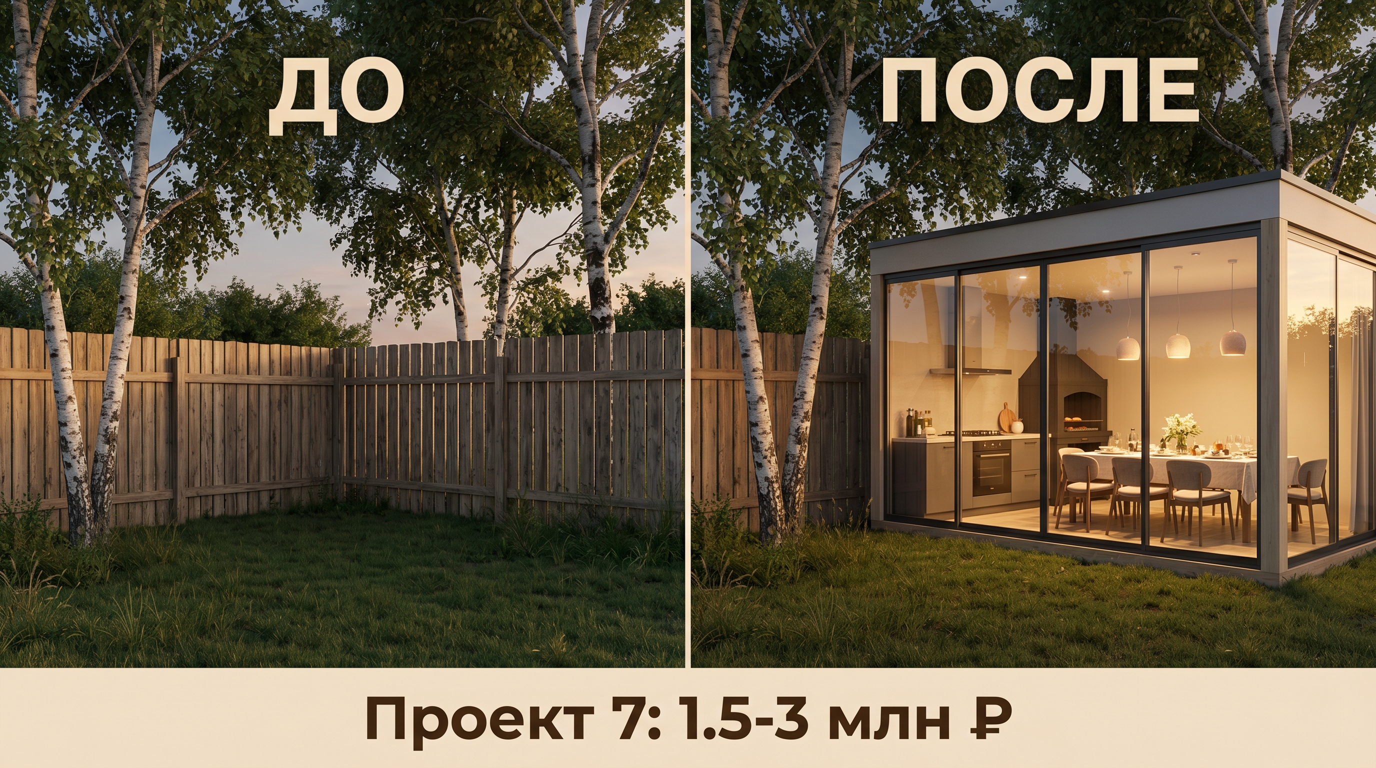 До и после: стеклянный павильон с мини-кухней, 1.5-3 млн ₽