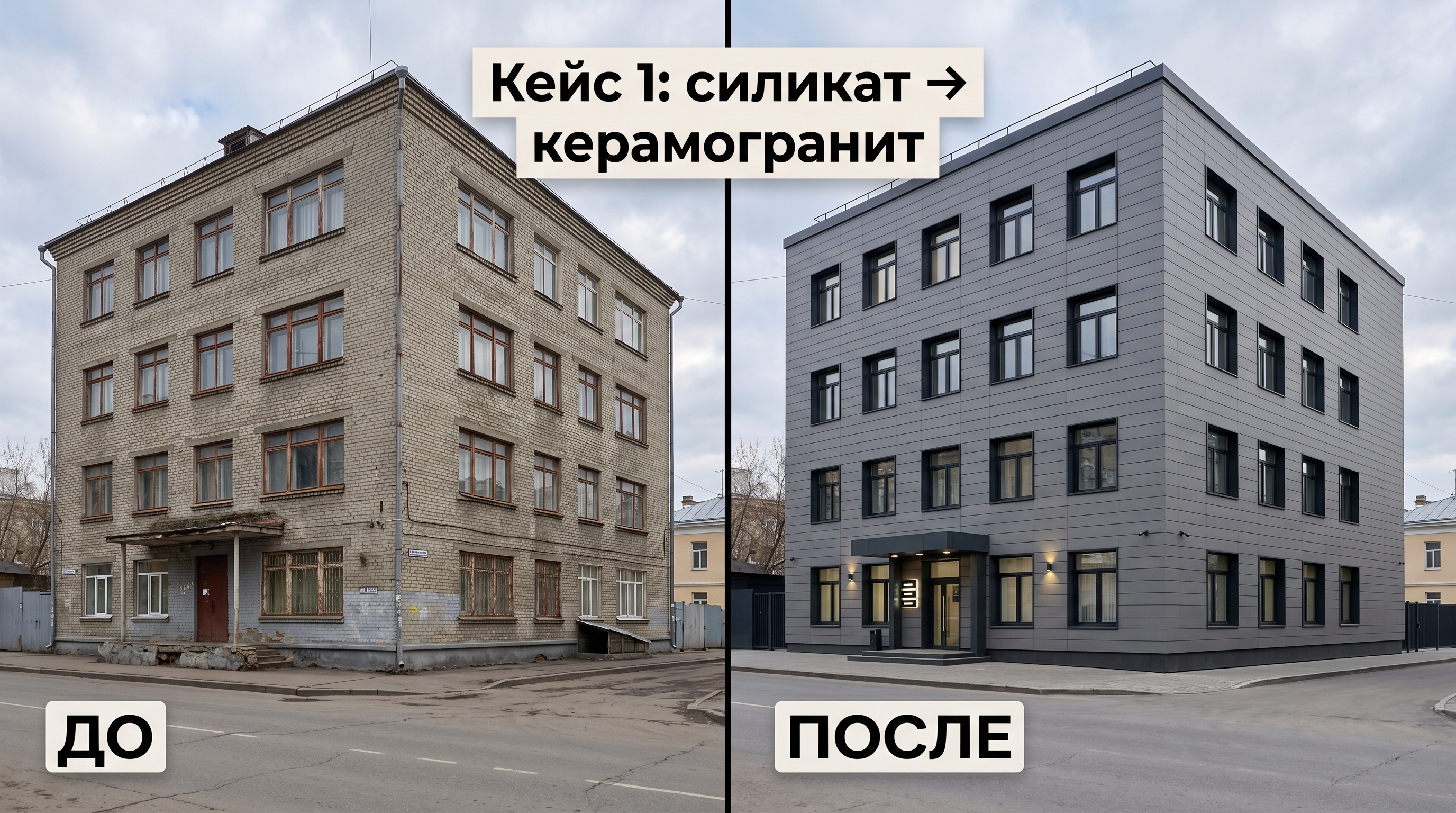 Реконструкция офисного здания: силикатный кирпич превращается в вентфасад из керамогранита