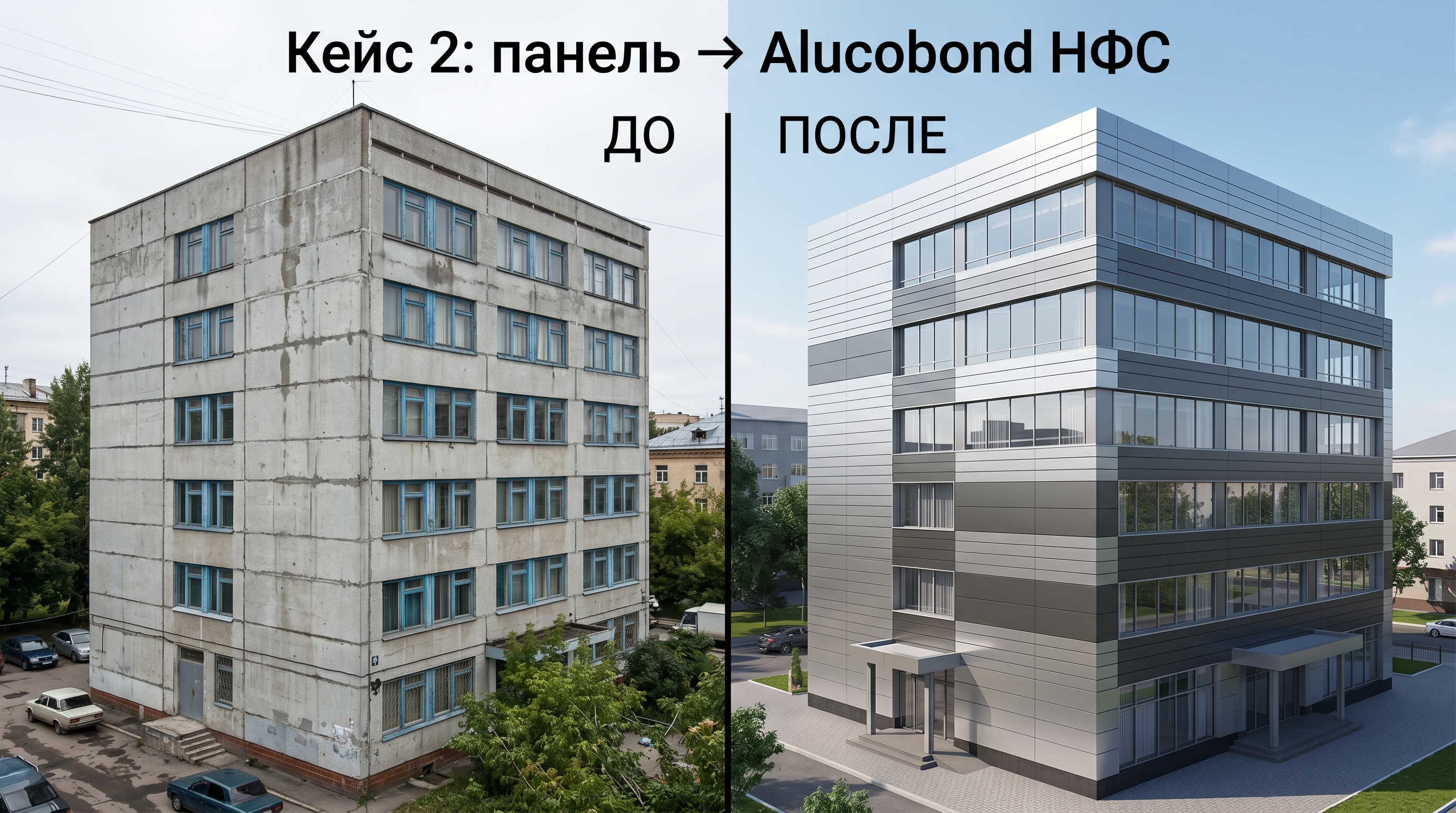 Реконструкция панельного офиса: серые бетонные панели меняются на НФС из Alucobond