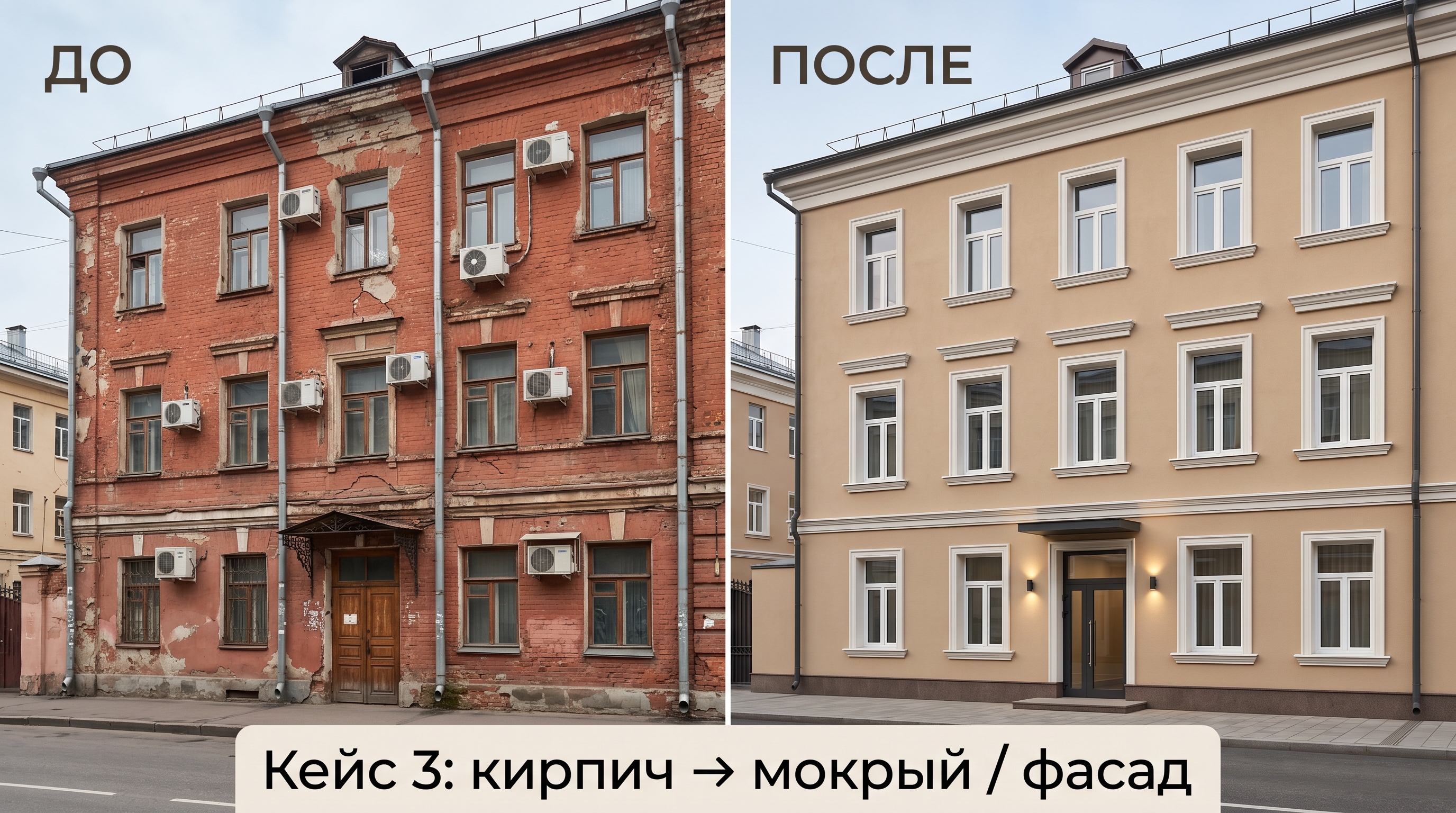 Реконструкция кирпичного административного здания в штукатурный фасад