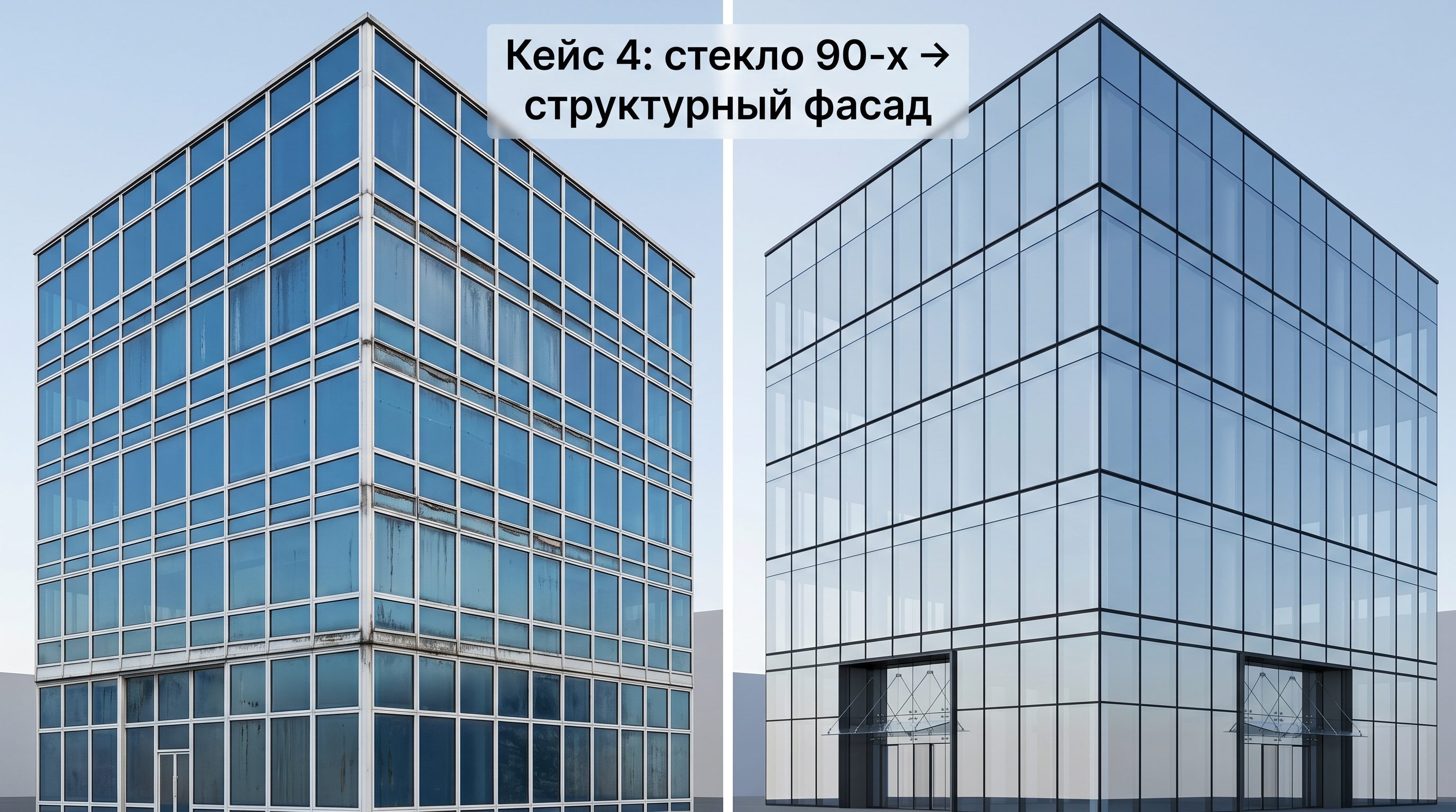 Реконструкция офиса со стеклянным фасадом 90-х в современное структурное остекление