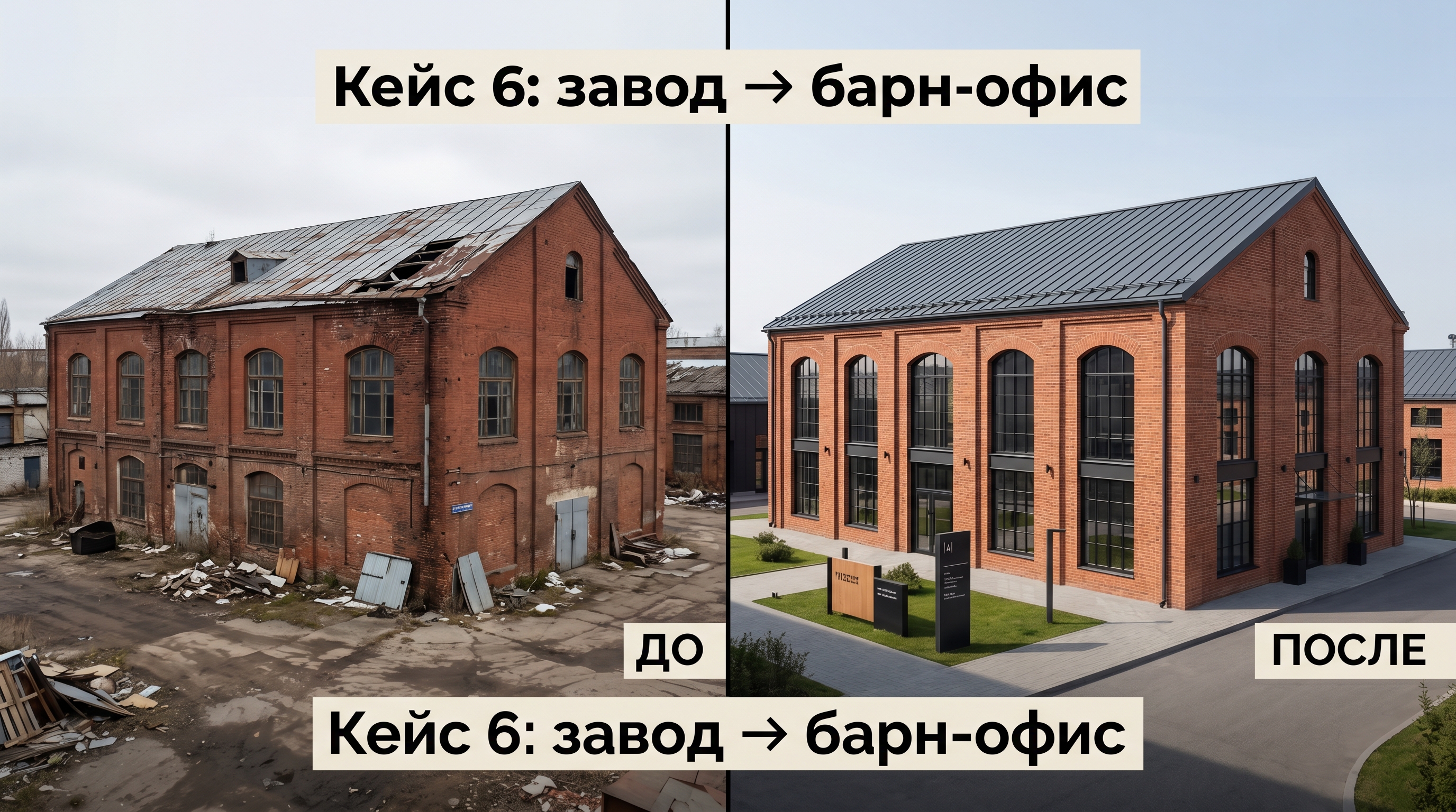 Реконструкция промышленного здания в барн-офис с лофт-окнами и металлической кровлей