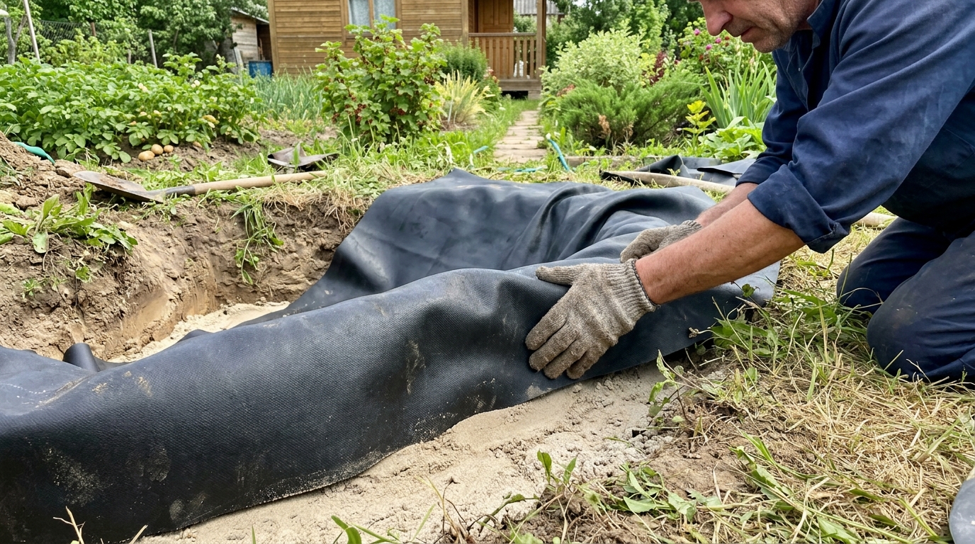 Укладка плёнки EPDM в котлован пруда