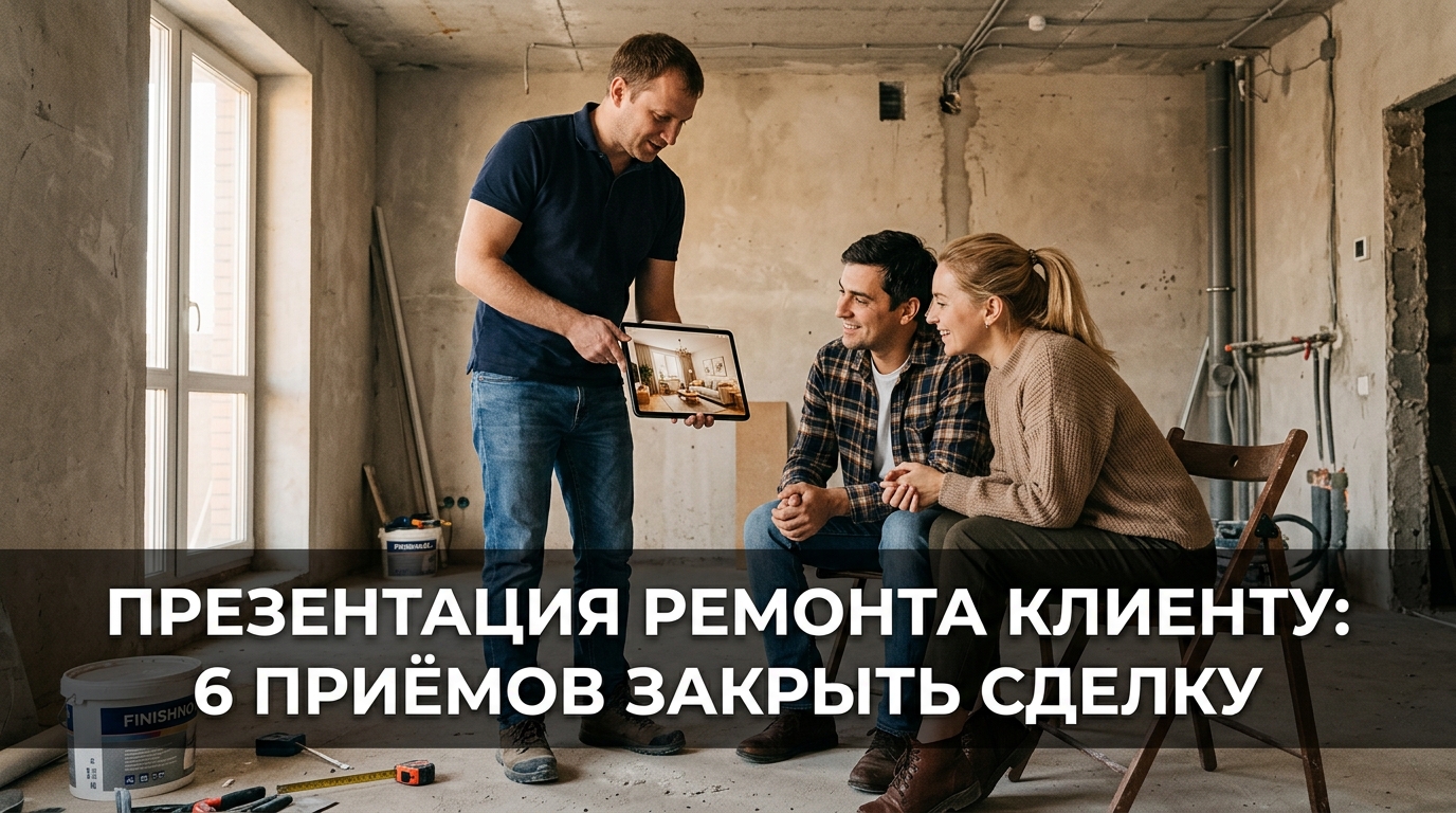 Подрядчик показывает 3D-визуализацию ремонта клиентам на планшете в квартире