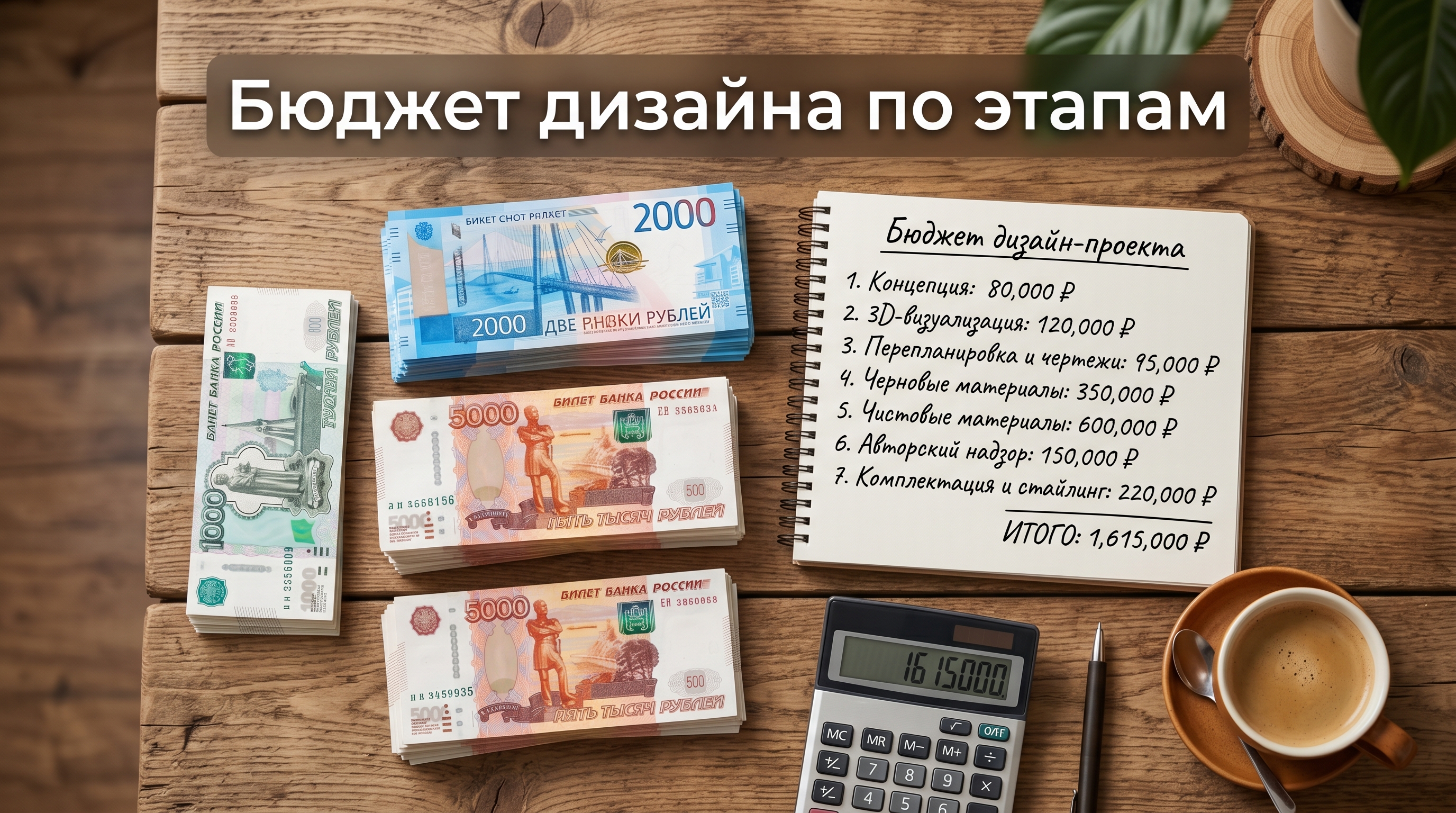 Бюджет дизайн-проекта по этапам в рублях с пачками купюр