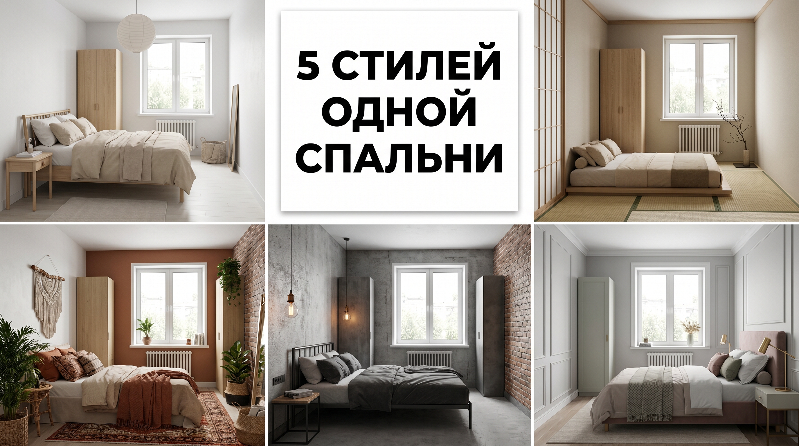 Главный коллаж: одна и та же 12-метровая спальня в 5 разных стилях — скандинавский, лофт, бохо, японский, классика