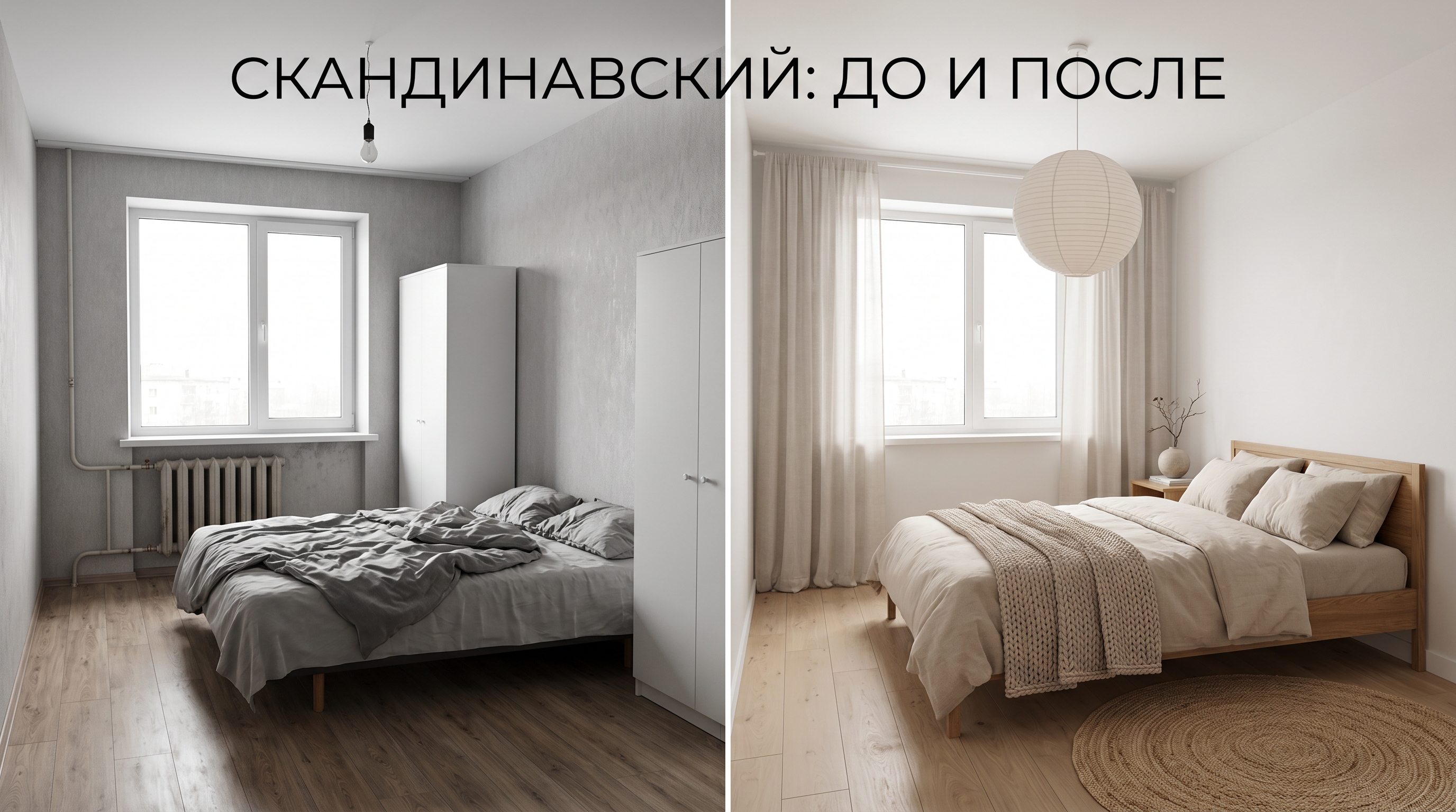 Спальня до и после в скандинавском стиле: серые обои → белые стены, светлый дуб, лён