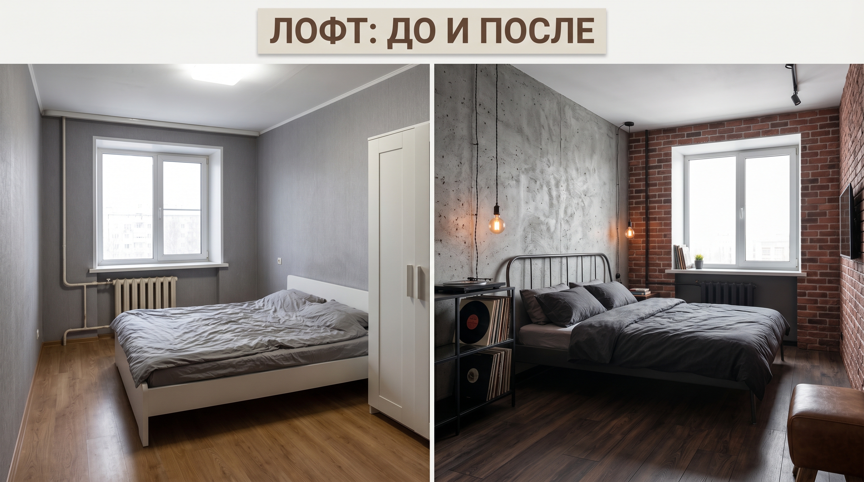 Спальня до и после в стиле лофт: серая хрущёвка → бетонная стена, кирпич, лампы Эдисона