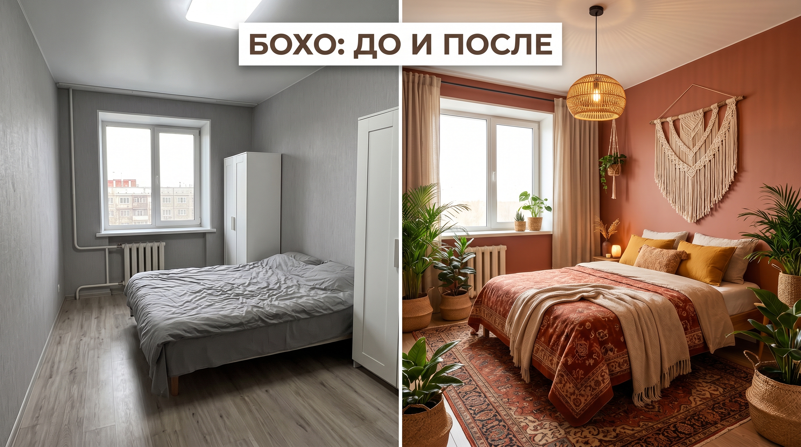 Спальня до и после в стиле бохо: пустая хрущёвка → терракотовая стена, макраме, ковры, растения