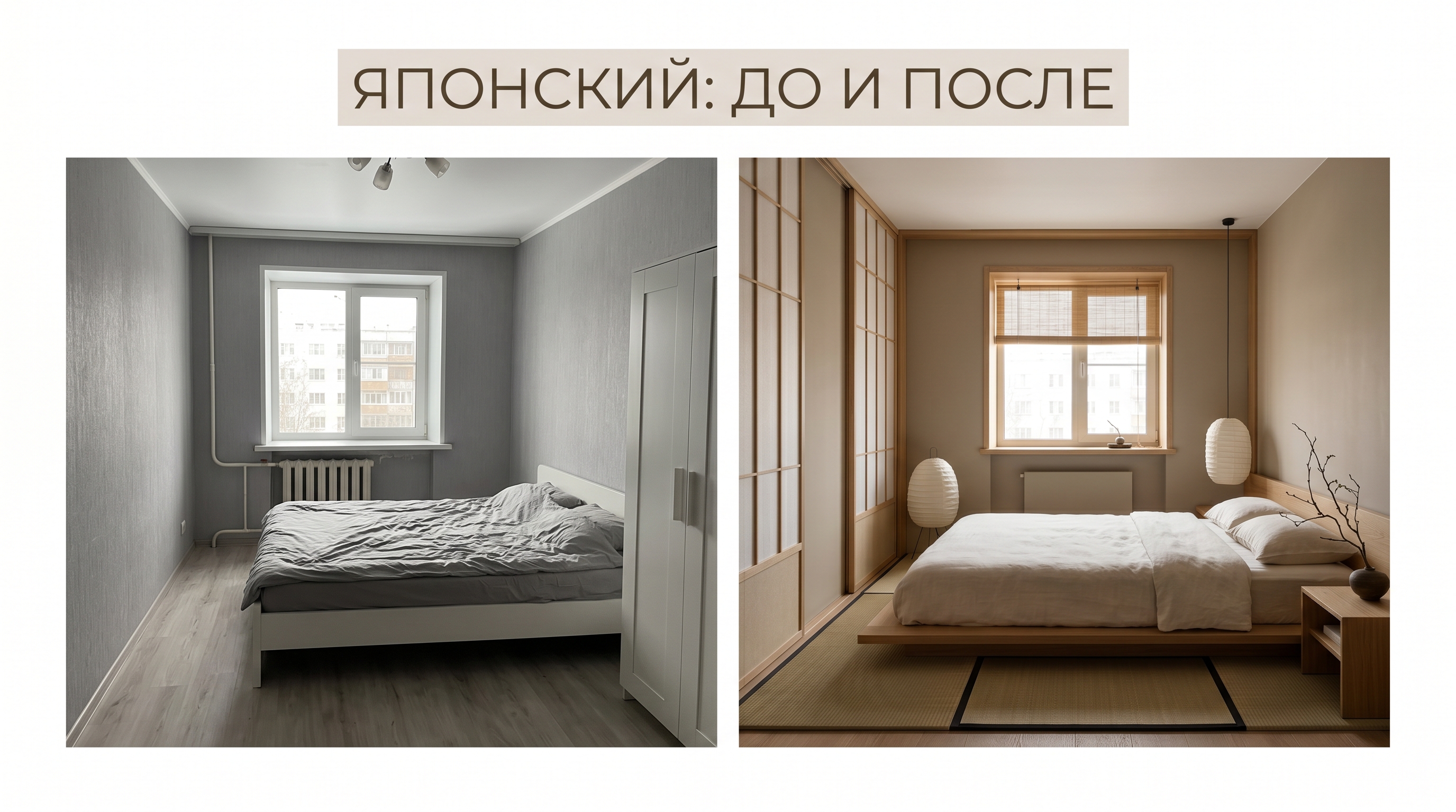 Спальня до и после в японском стиле: серая комната → татами, бумажные ширмы, низкая кровать, икебана