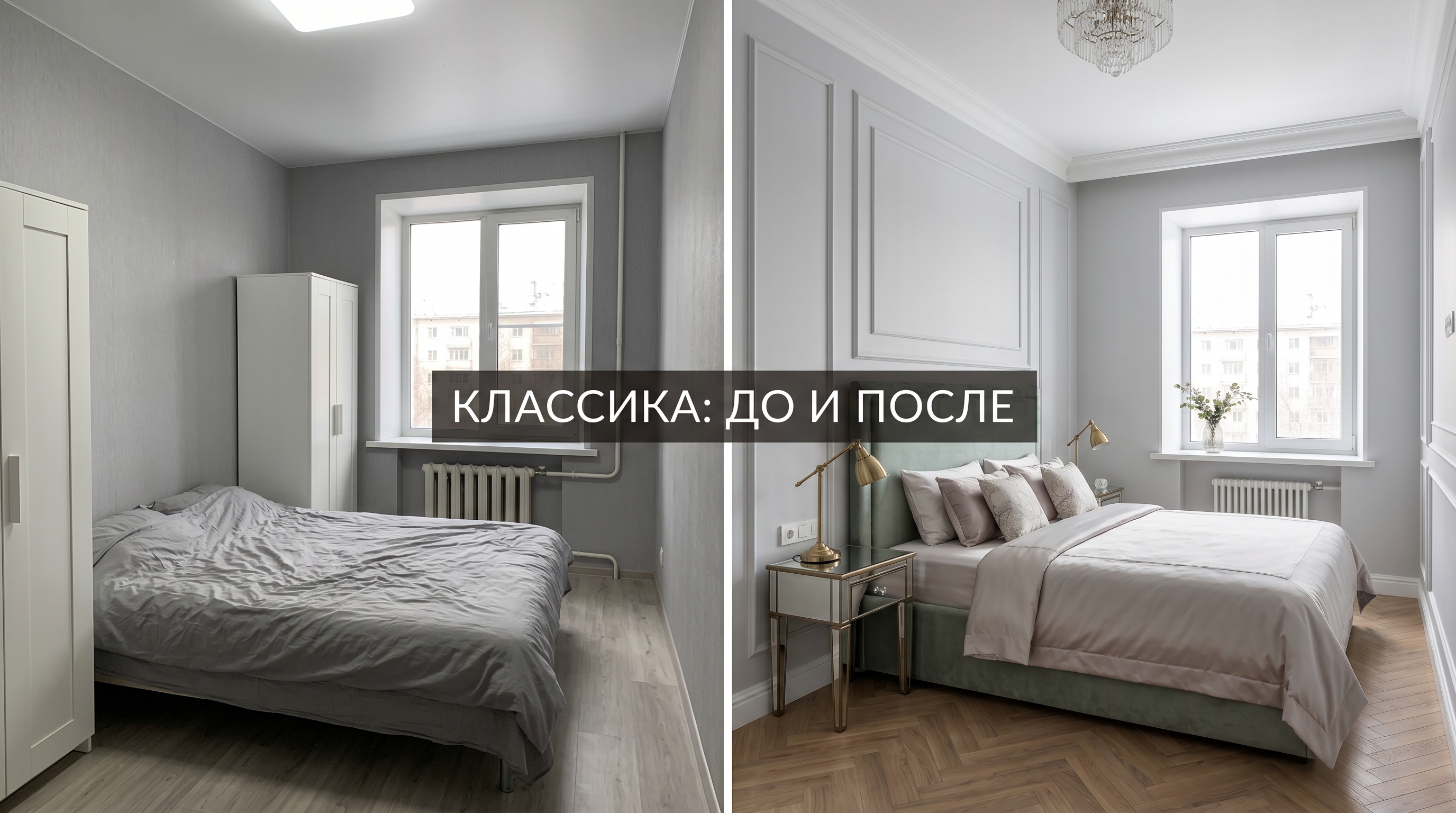 Спальня до и после в современной классике: серая комната → молдинги, бархатное изголовье, бронза, паркет ёлочкой
