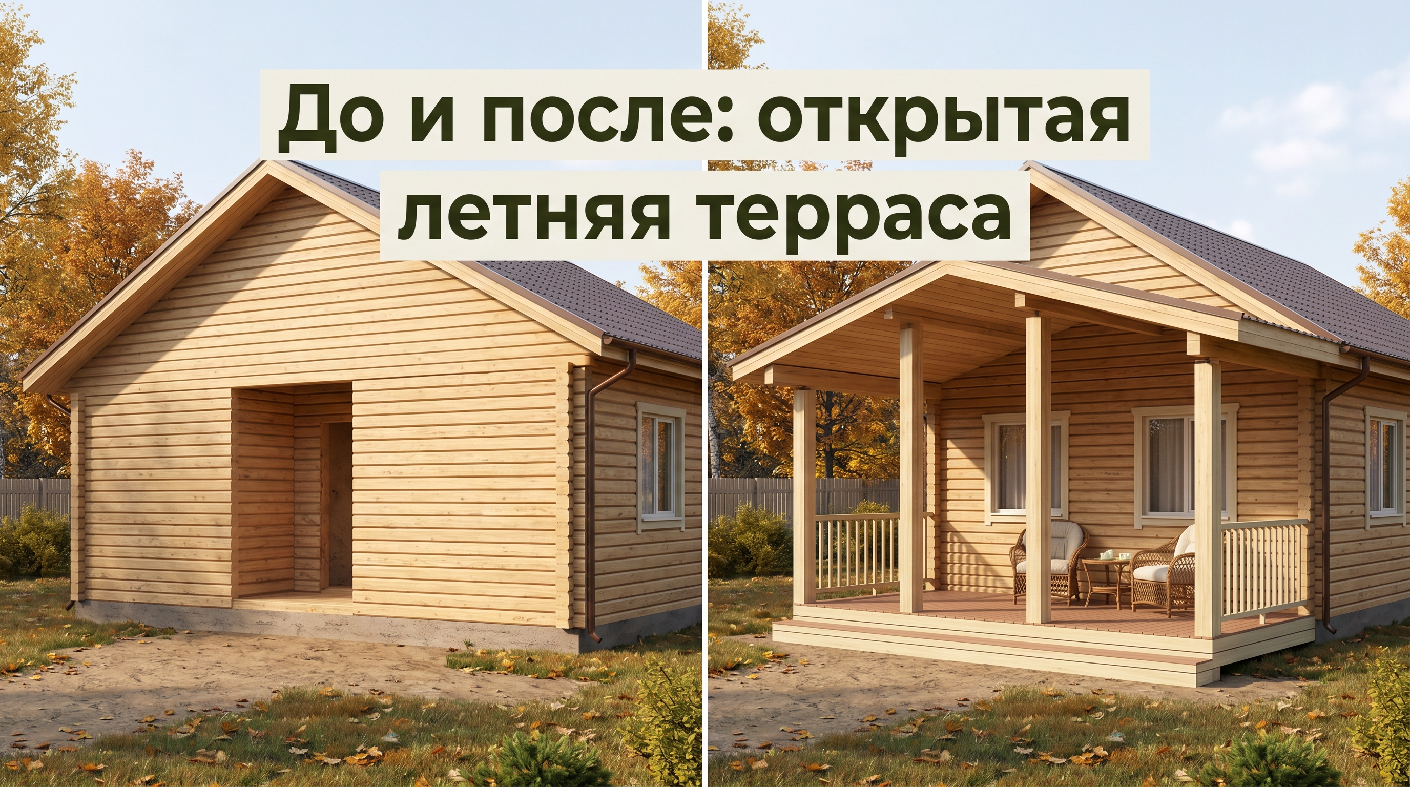 До и после: на голый фасад дома пристроена открытая летняя терраса с навесом