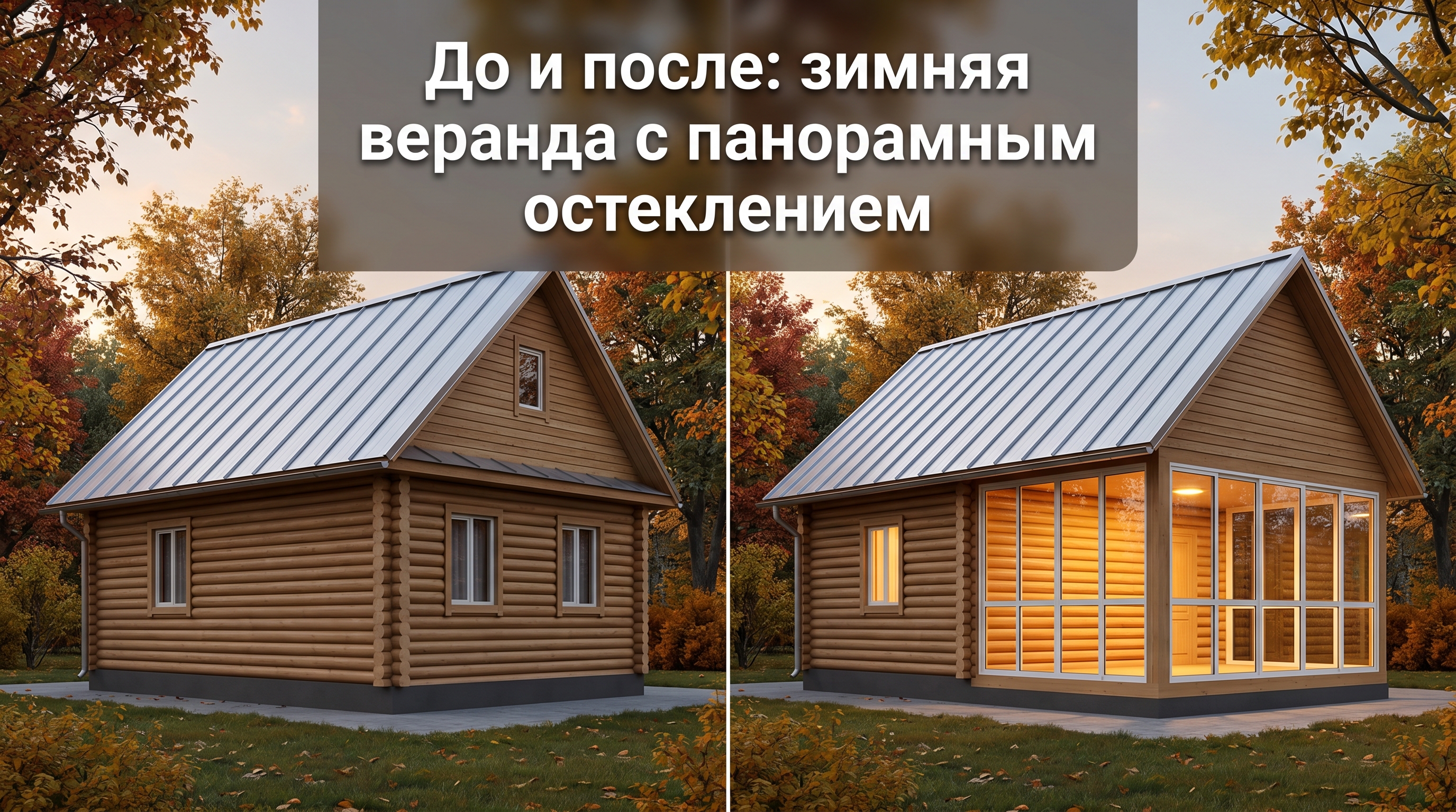 До и после: на голый фасад дома пристроена закрытая зимняя веранда с панорамными окнами от пола до потолка