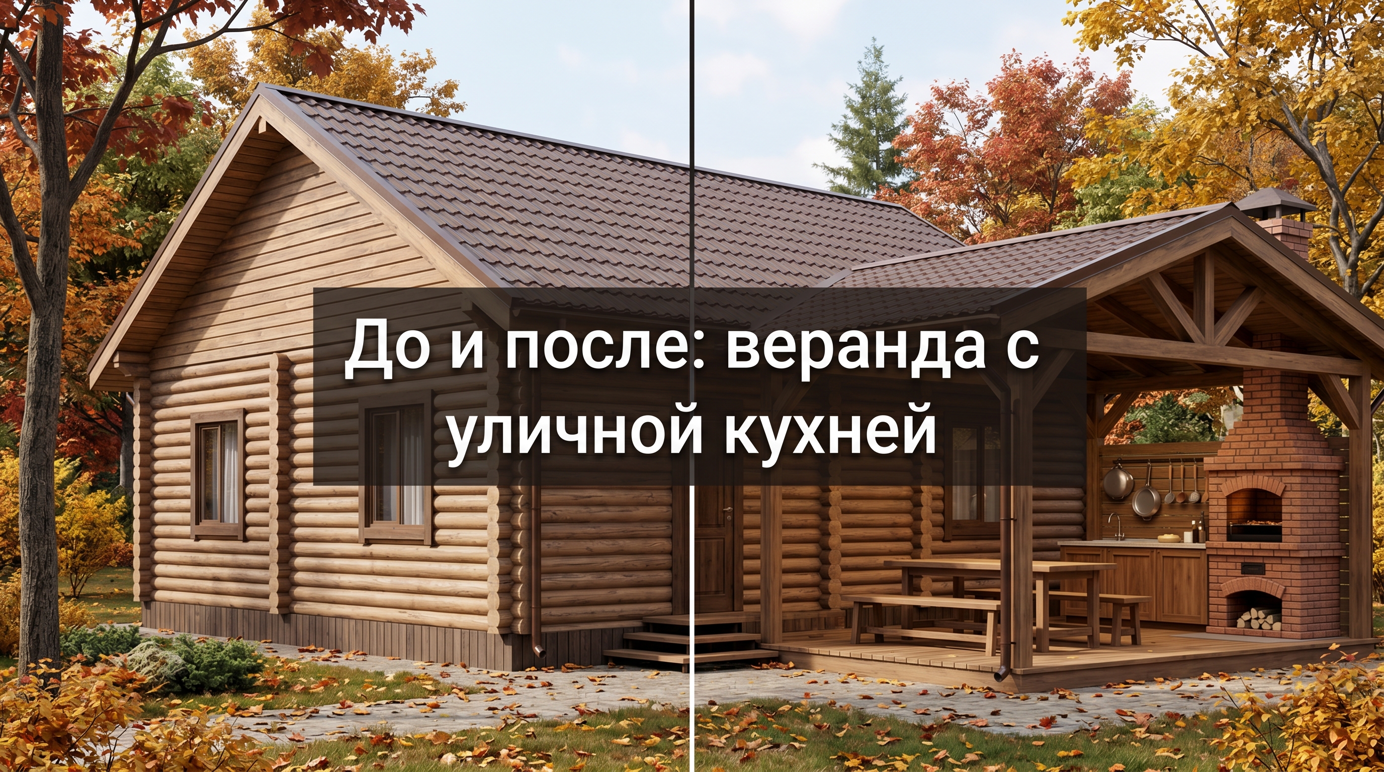 До и после: к фасаду дома пристроена крытая веранда-беседка с кирпичной печью-барбекю и обеденной зоной