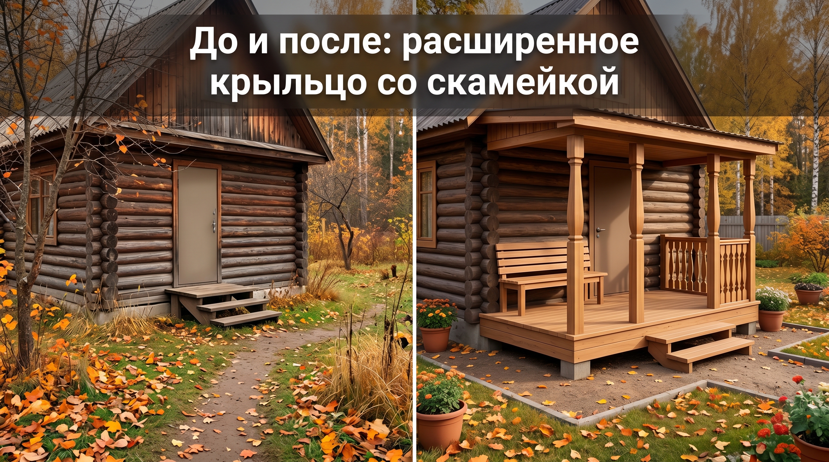 До и после: вместо простого крыльца у дома сделано расширенное крыльцо с навесом и встроенной скамейкой