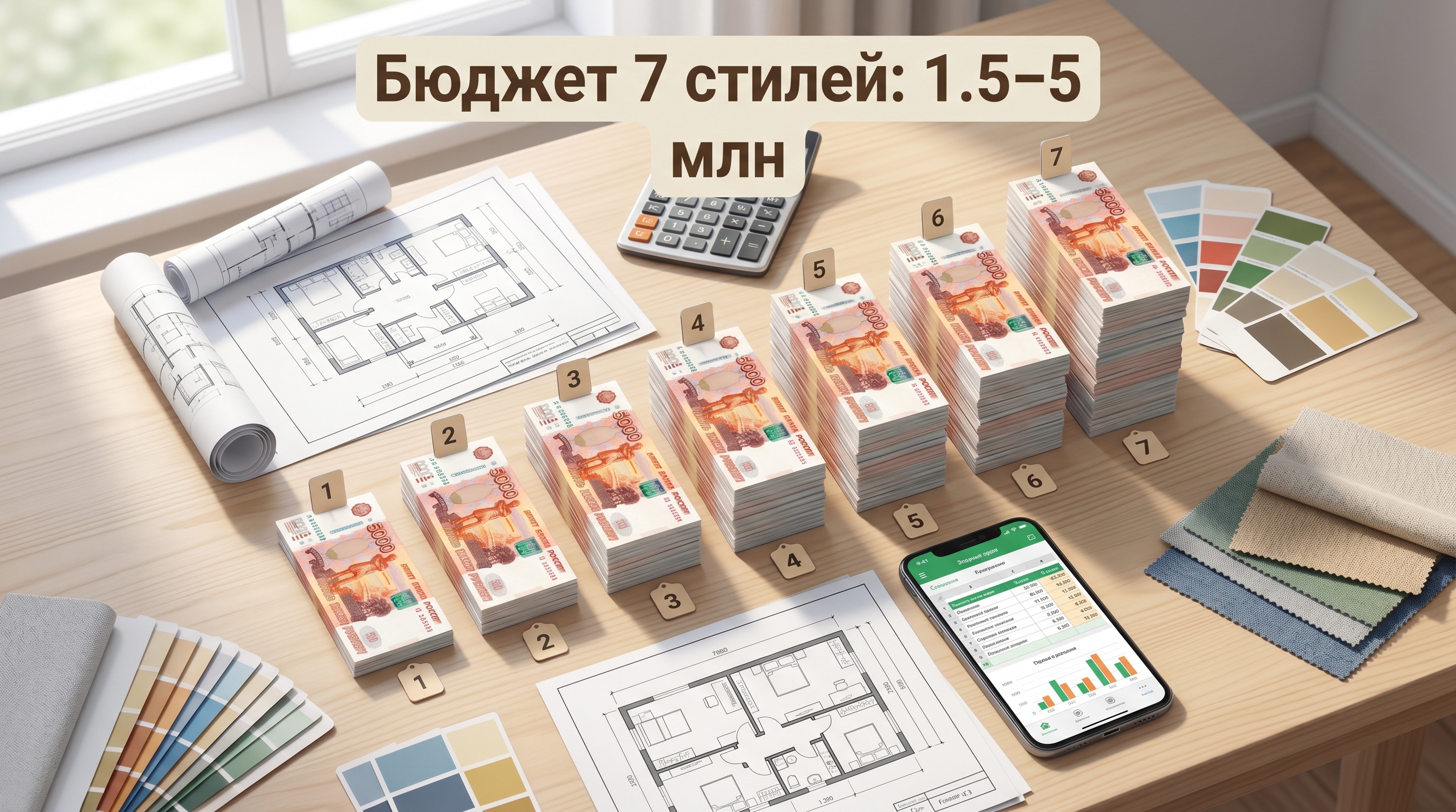 Бюджет на семь стилей загородного дома 2026 — от 1.5 до 5 млн рублей на гостиную 40 квадратов