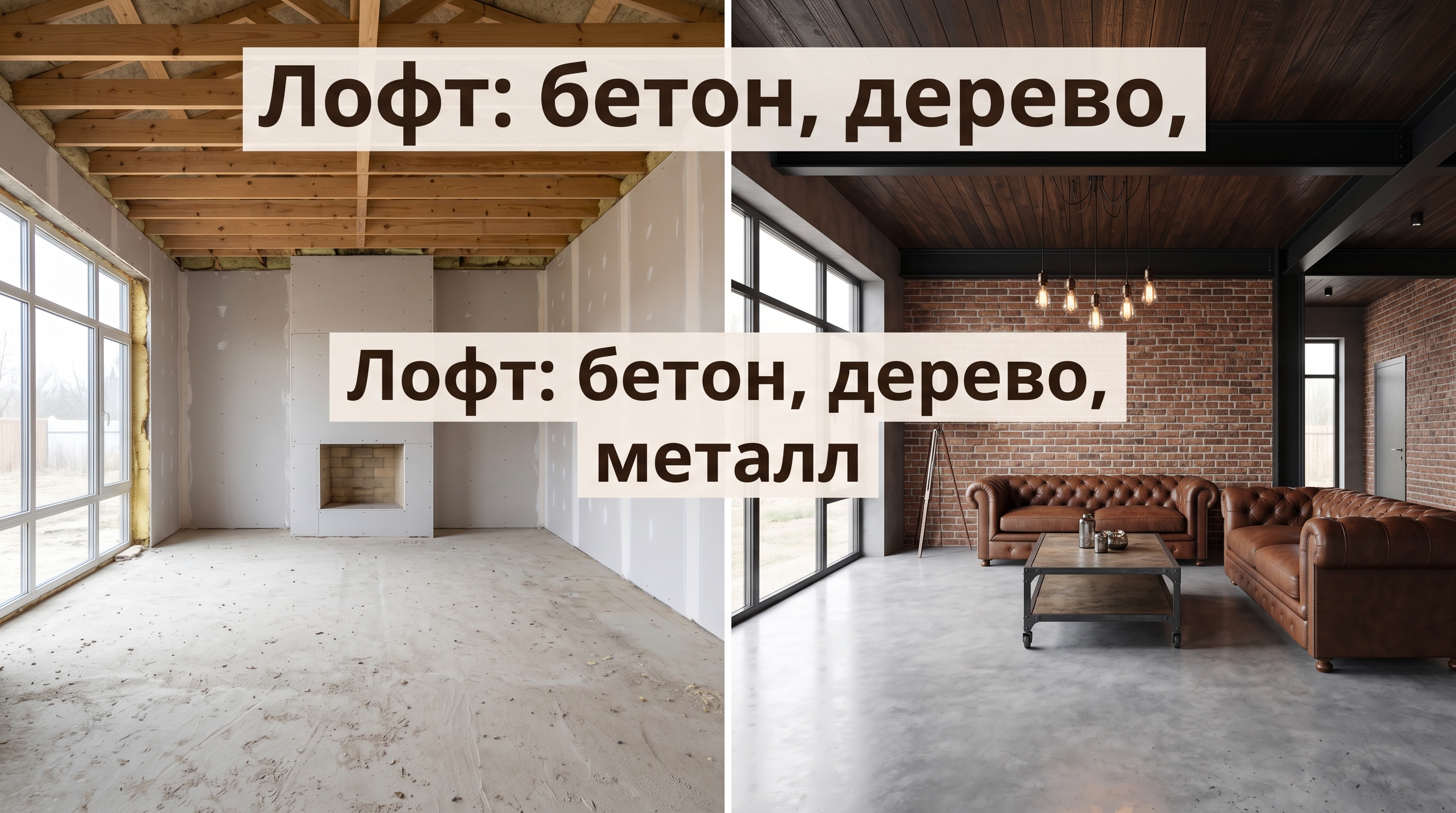 Гостиная загородного дома до и после: лофт с бетоном, деревом и металлом